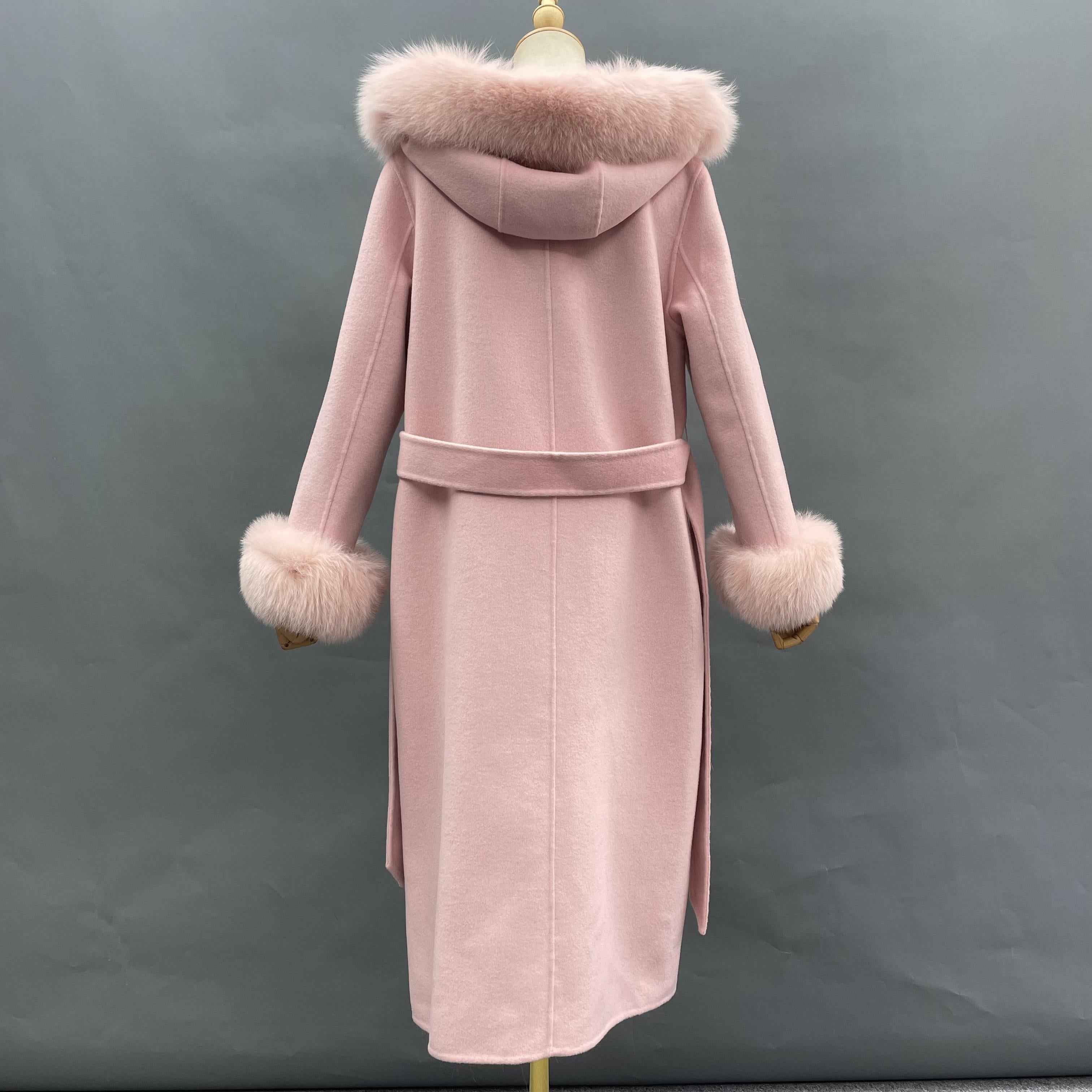 Women's Luxury Double - Faced Wool Coat with Fox Fur Trim & Fox Fur Cuffs, Belted Elegant Winter Outerwear