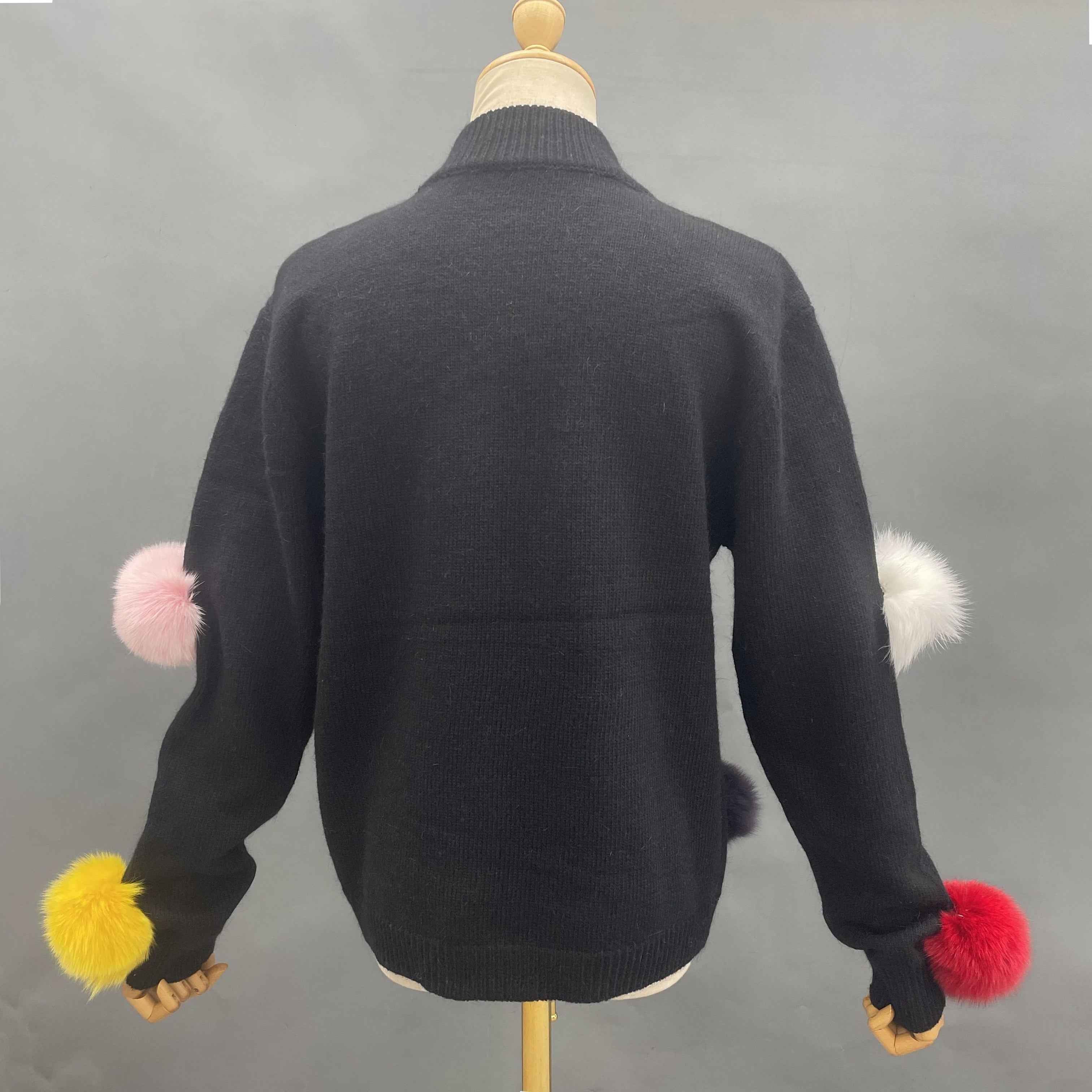 Women's Detachable Colorful Fur Pom-Pom Knitted Sweater - Versatile Casual Fashion Piece