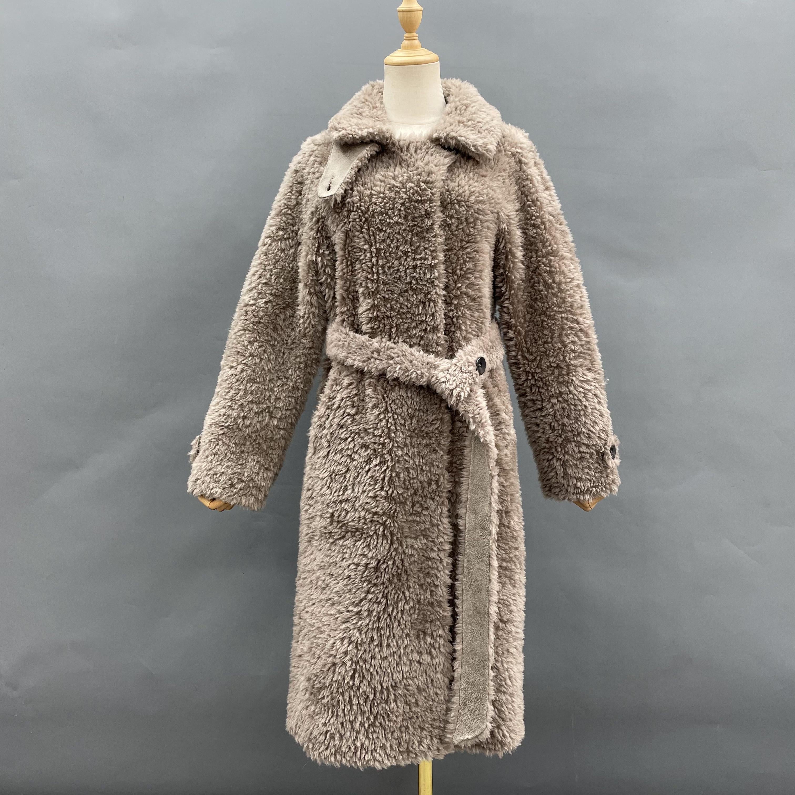 Women's Taupe Sheepskin Shearling Long Coat with Notched Lapel & Belted Waist - Luxe Winter Outerwear