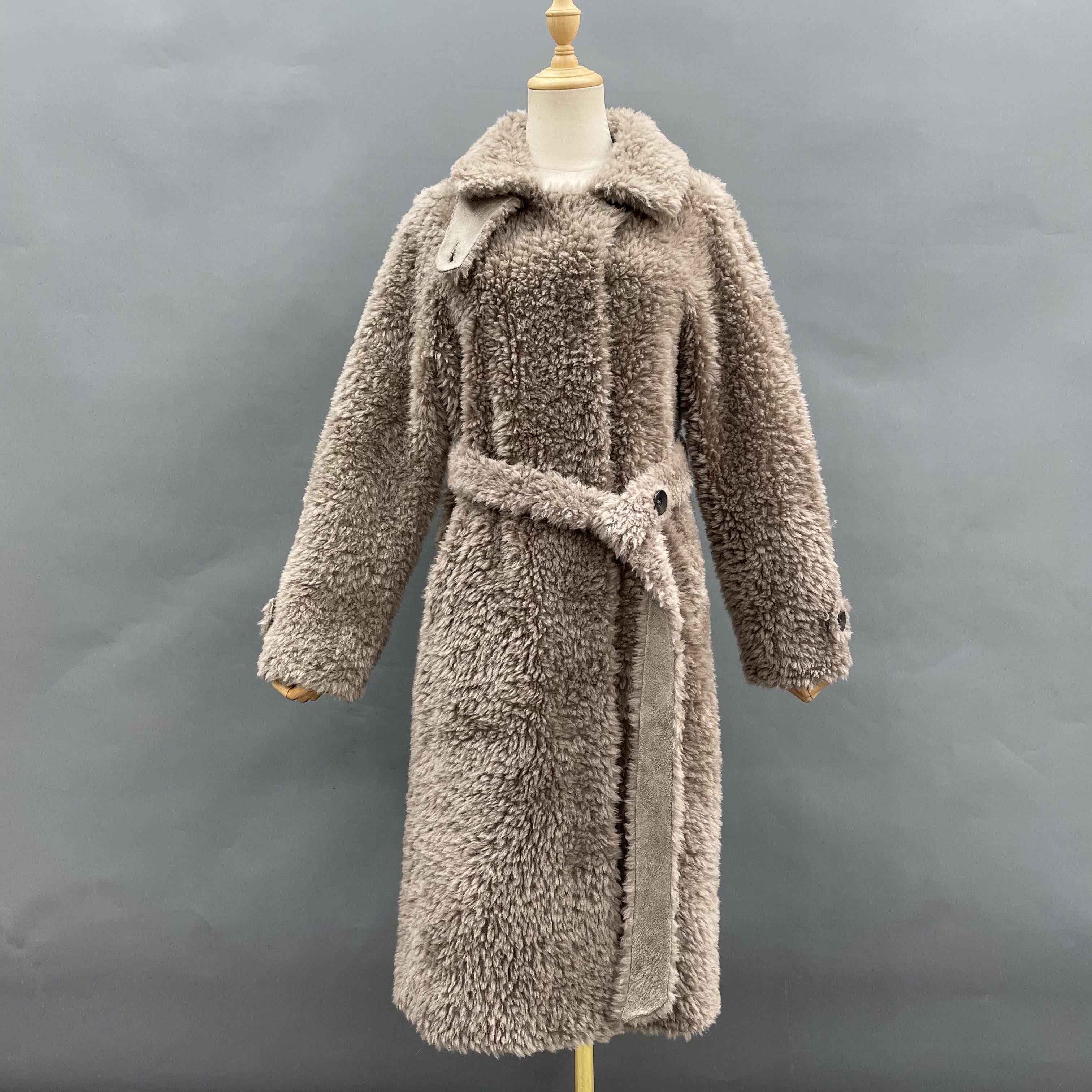 Women's Taupe Sheepskin Shearling Long Coat with Notched Lapel & Belted Waist - Luxe Winter Outerwear
