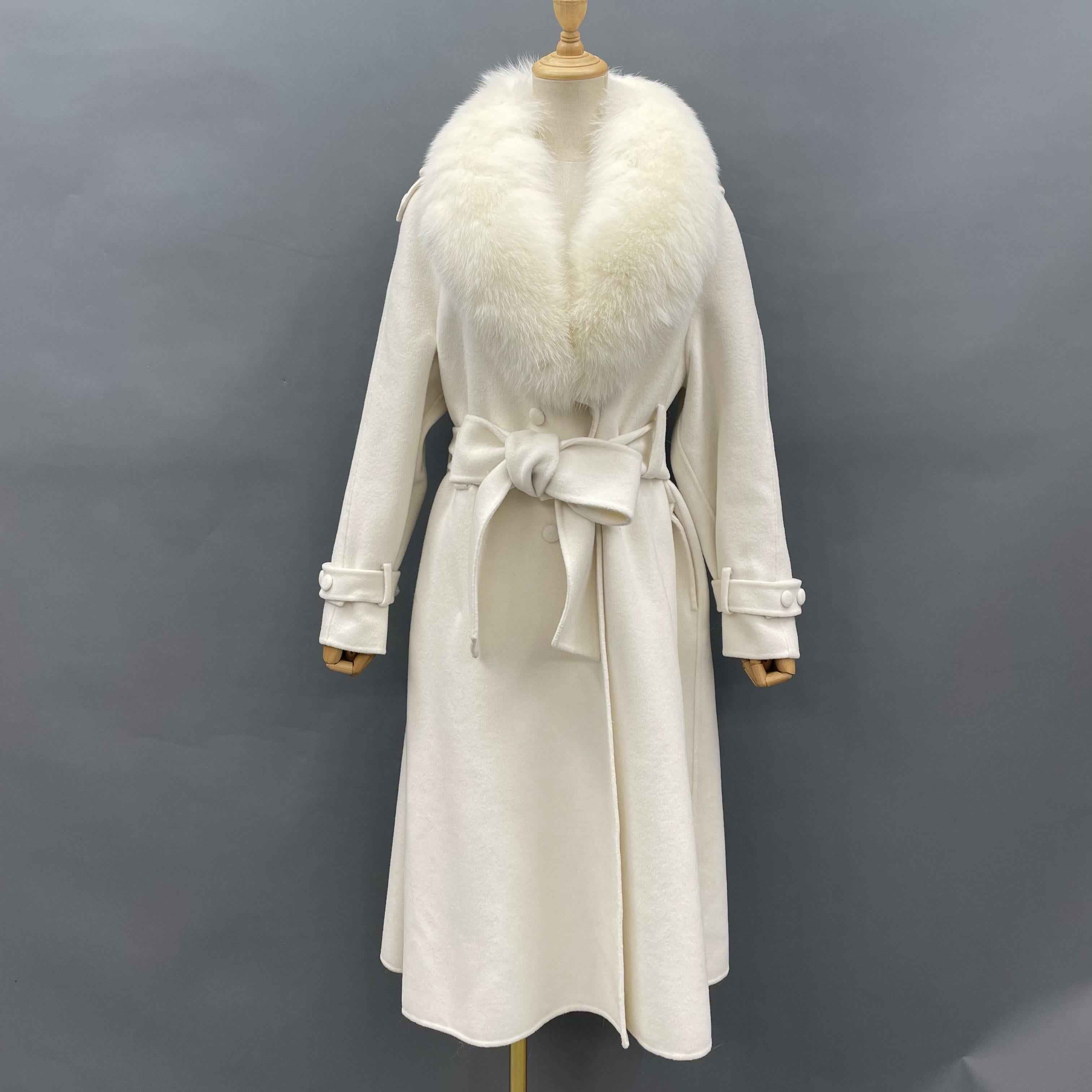 Luxury Double-Faced Wool Coat with Oversized Fox Fur Collar and Belted Cuff Design White