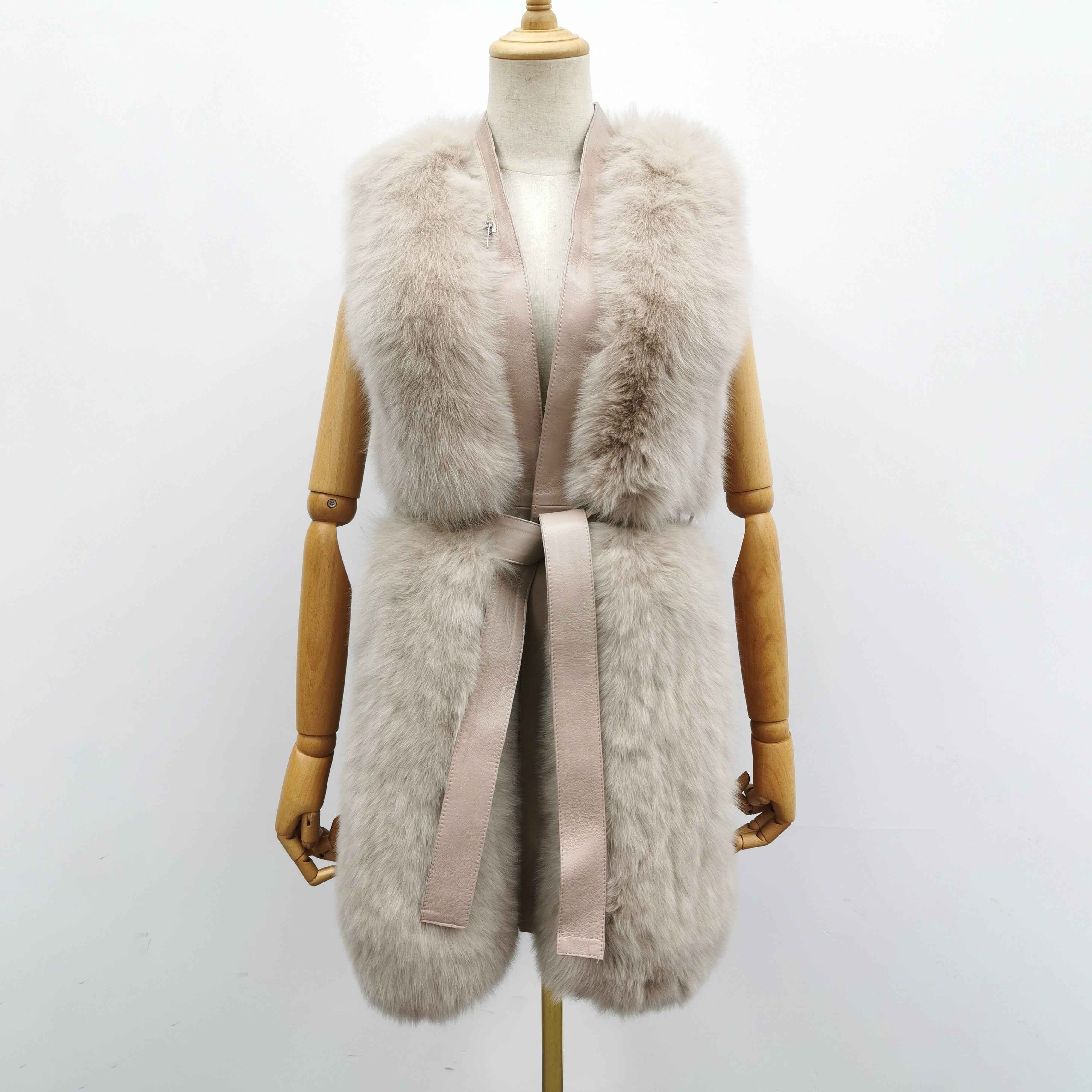 Women's Versatile Belted Fox Fur Vest - Stylish Outerwear Beige
