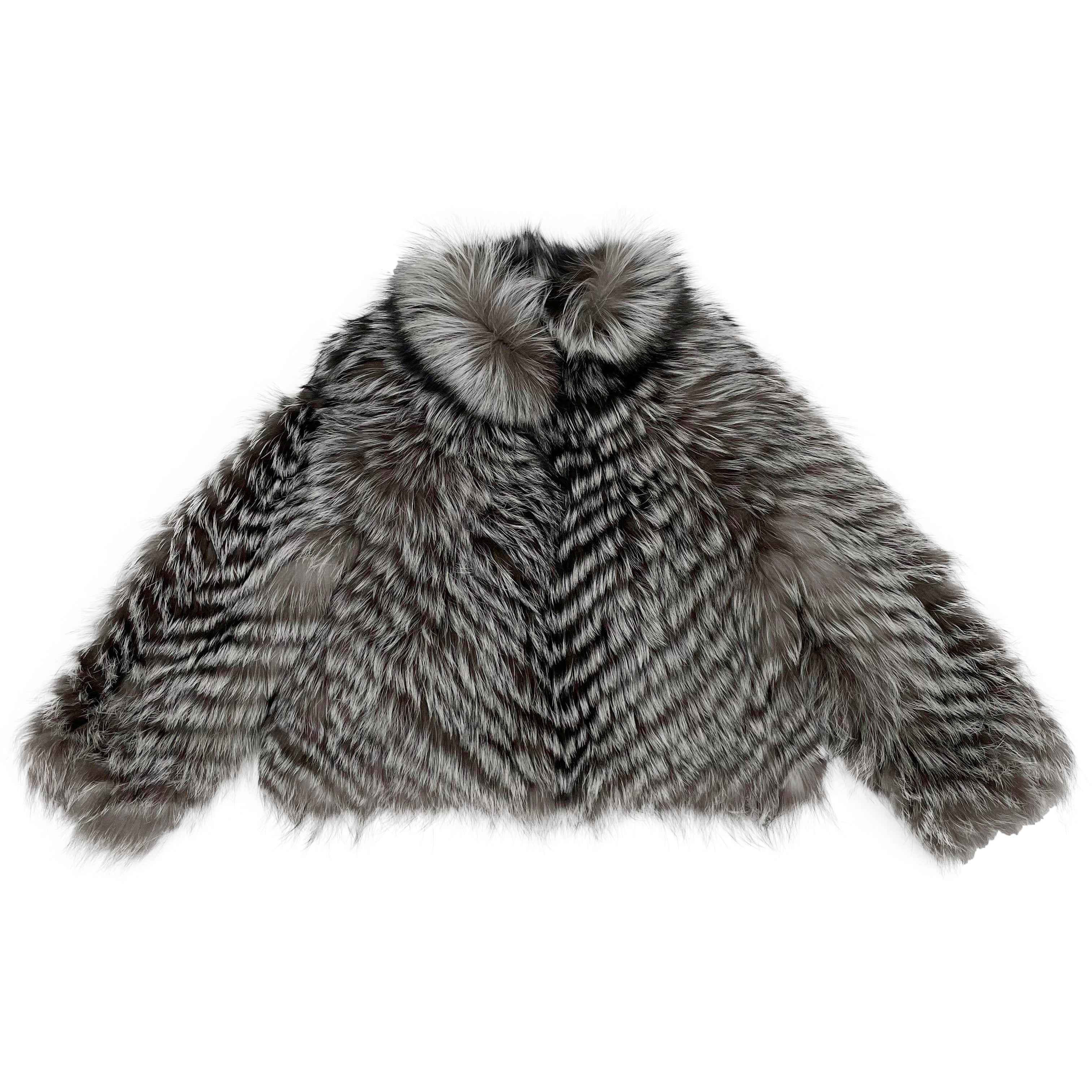 Women's Luxury Silver Fox Fur Jacket - Notched Lapel Chevron Stripe Cropped Winter Fashion Outerwear