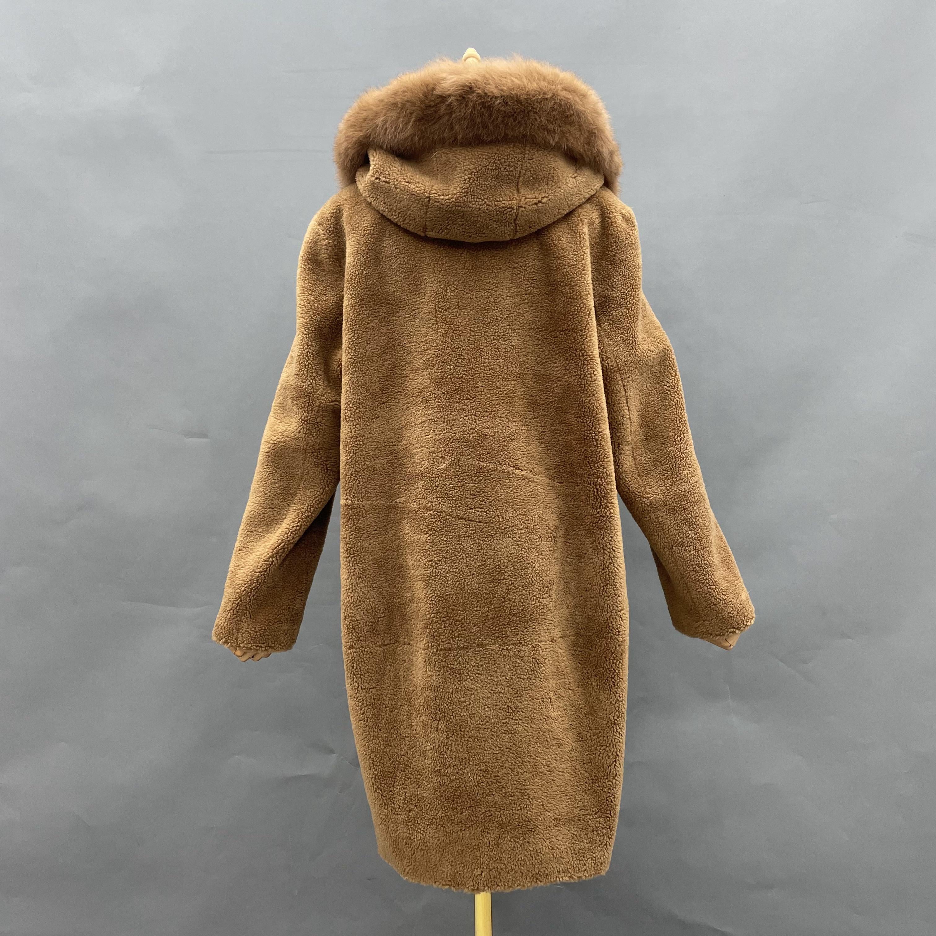 Women's Camel Shearling Long Coat with Fox Fur Trim Hood - Luxe Winter Outerwear