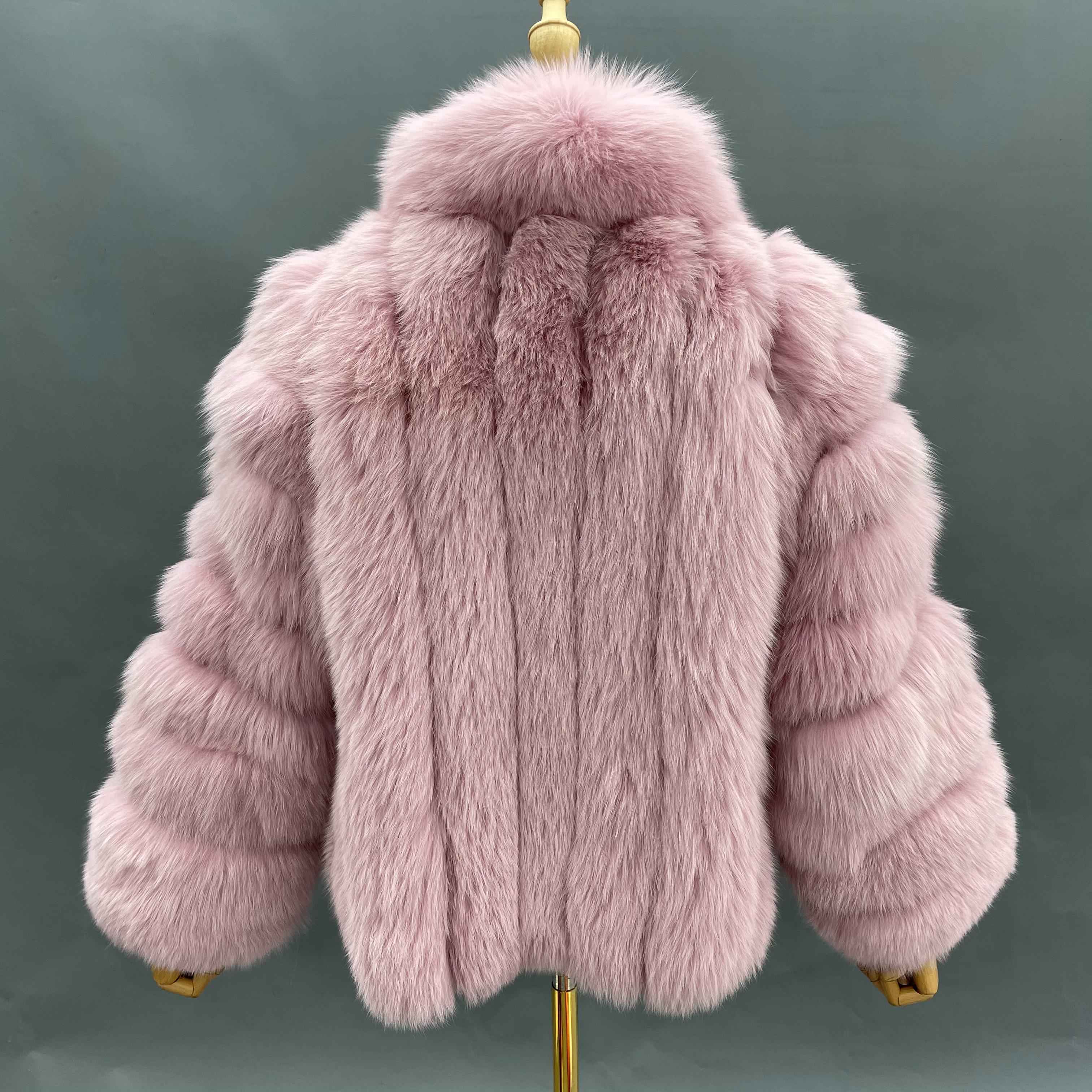 Women's Premium Plush Fox Fur Jacket - Notched Lapel with Vertical Stripe Design Winter Statement Outerwear