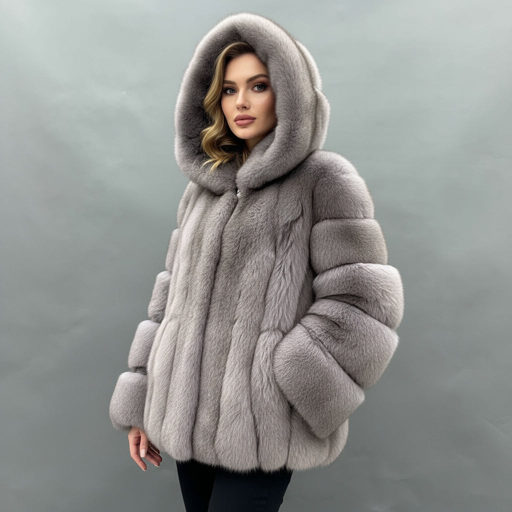 Women's Vintage Gray Fox Fur Hooded Jacket - Layered Stripe Cropped Design Winter Warm Fashion Outerwear Grey