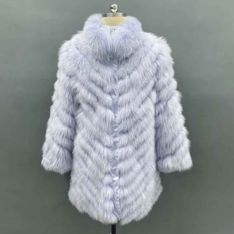 Double-Sided Fox Fur Diagonal Stripe Long Coat Light purple