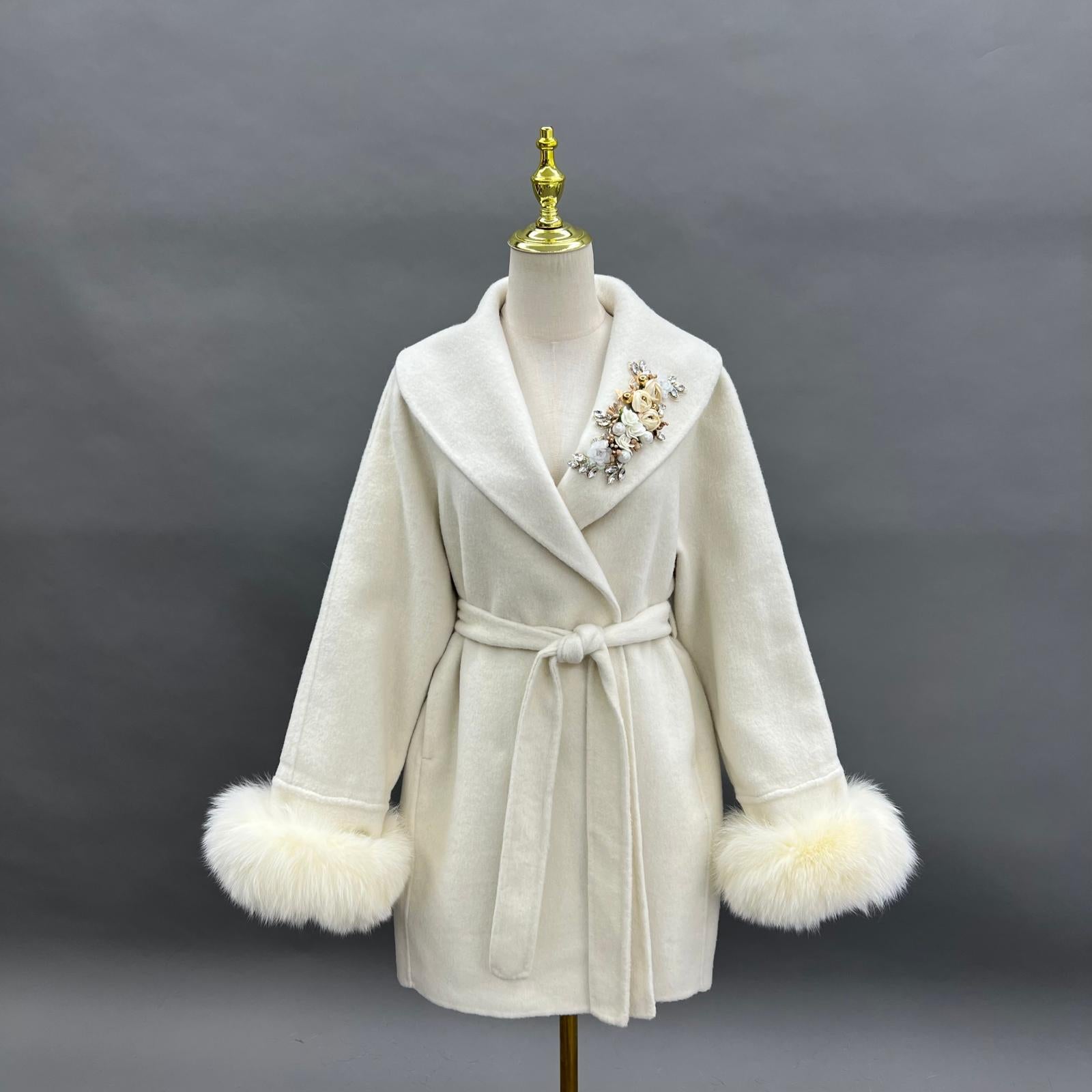 Double-Faced Wool Coat for Women with Elegant Shawl Collar and Rhinestone Flowers Double-Faced Cashmere Jacket