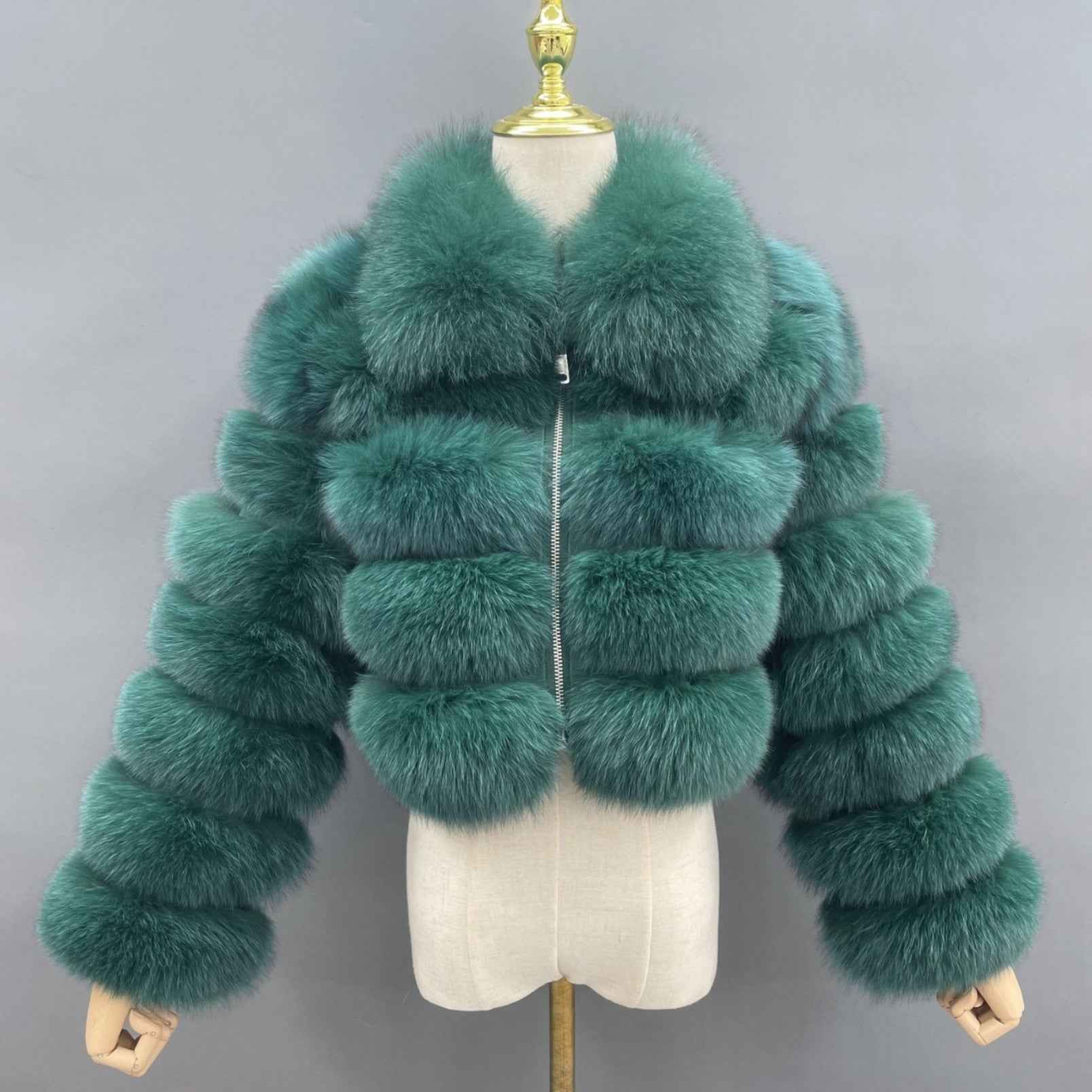 Women's Five Sections Zipper Fox Fur Coat Winter Coat Dark Green S-chest 92cm