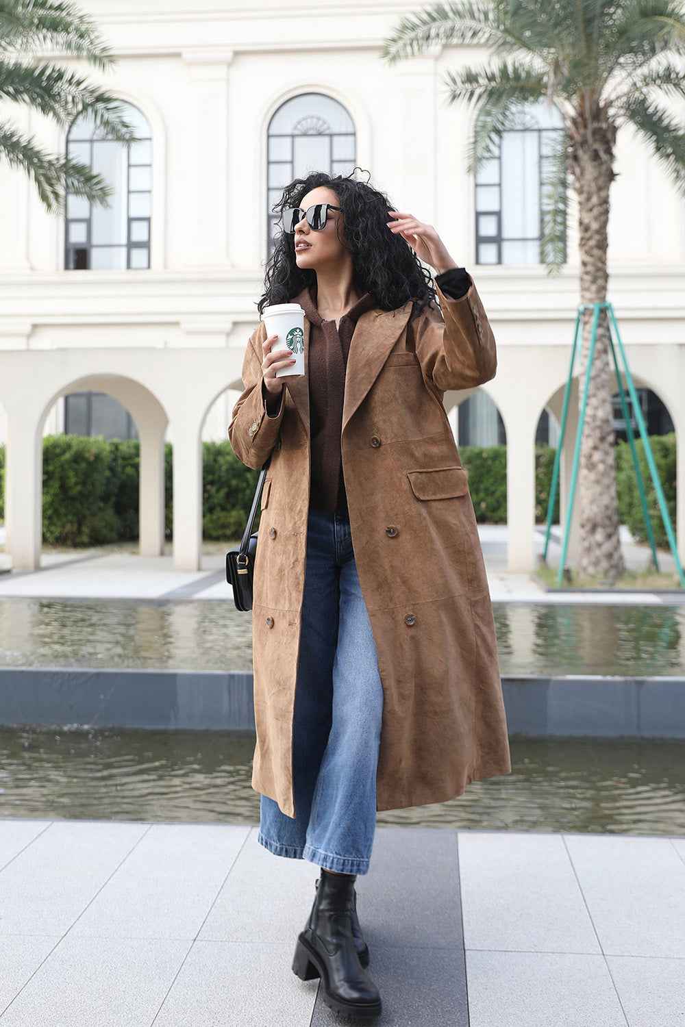 Janefur Fashion Suit Collar Double-breasted Long Camel Fake Leather Trench Coat