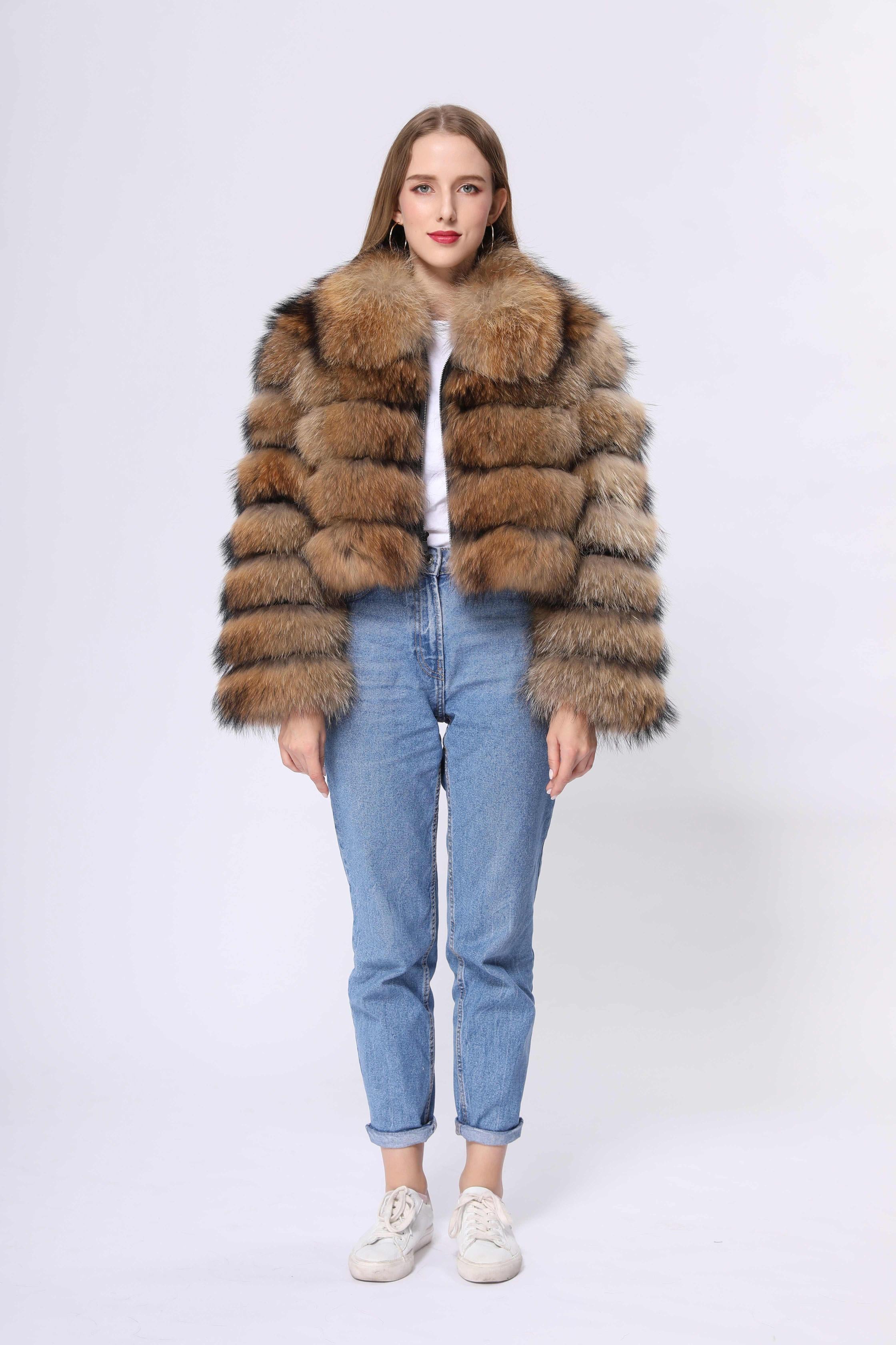 Women's real raccoon fur coat European design warm winter jacket