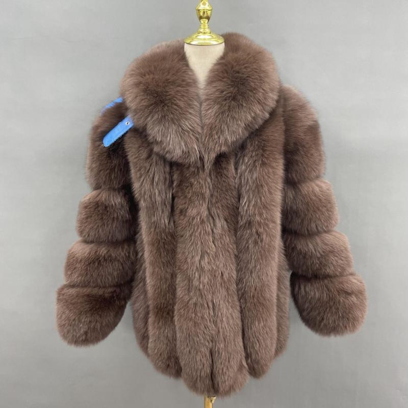 Winter Bright Color Vertical Fox Fur Coat For Women Brown