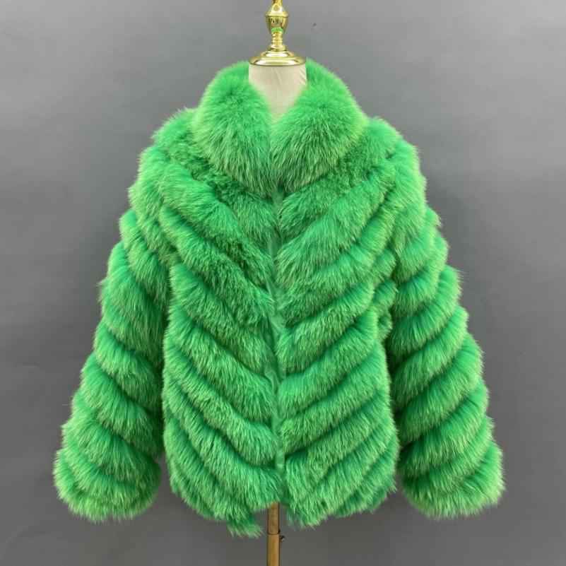 Double-Sided Fox Fur Diagonal Stripe Short Coat Green