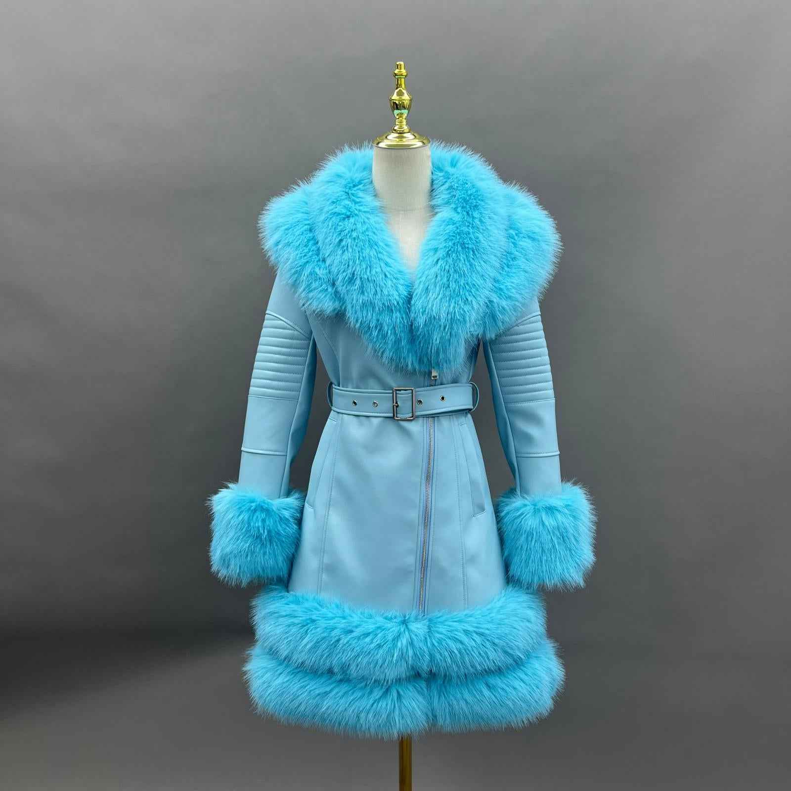 Eco-Friendly Leather Women's Mid-Length Coat with Faux Fur Cuffs and Belt