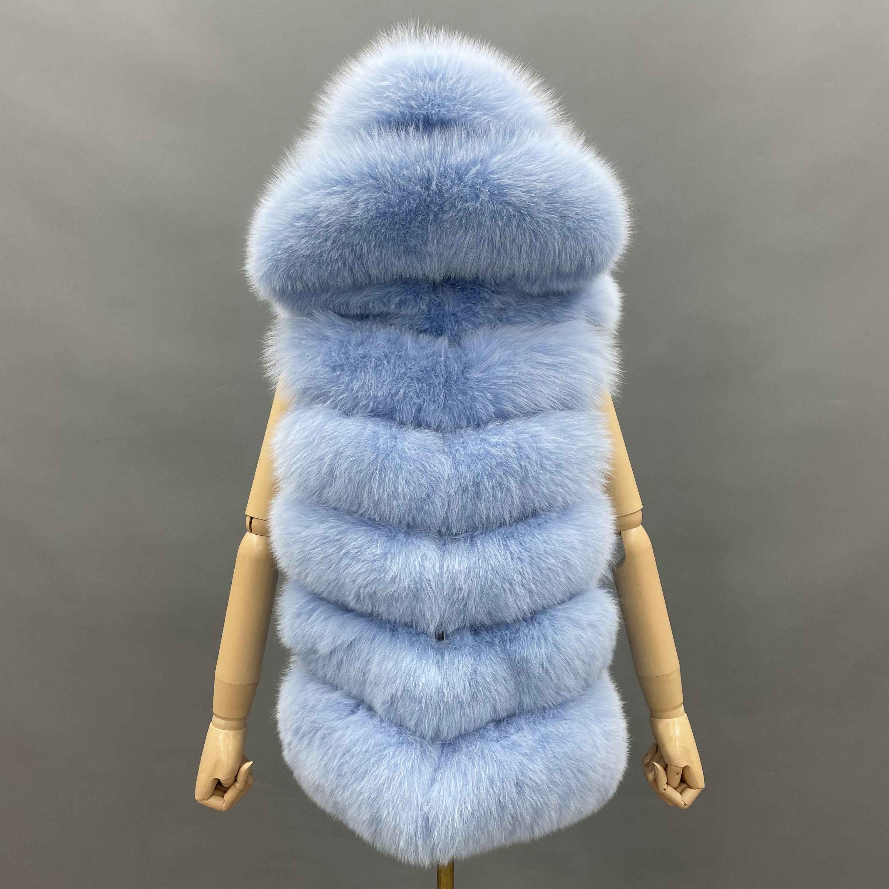 Women's 6-Panel Hooded Fox Fur Vest - Classic Versatile Winter Essential Outerwear BB Blue