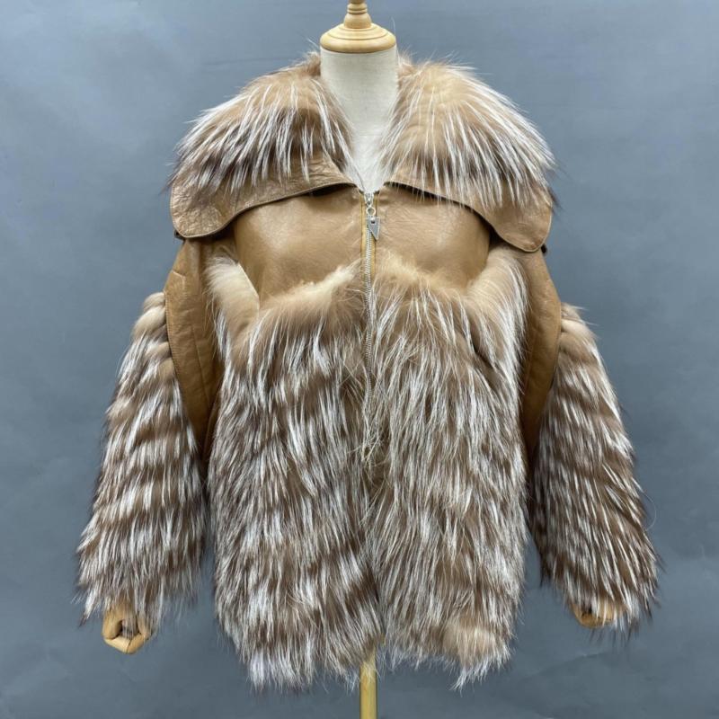 Winter Women's Oversized Sheepskin Leather Real Fox Fur Zipper Jacket