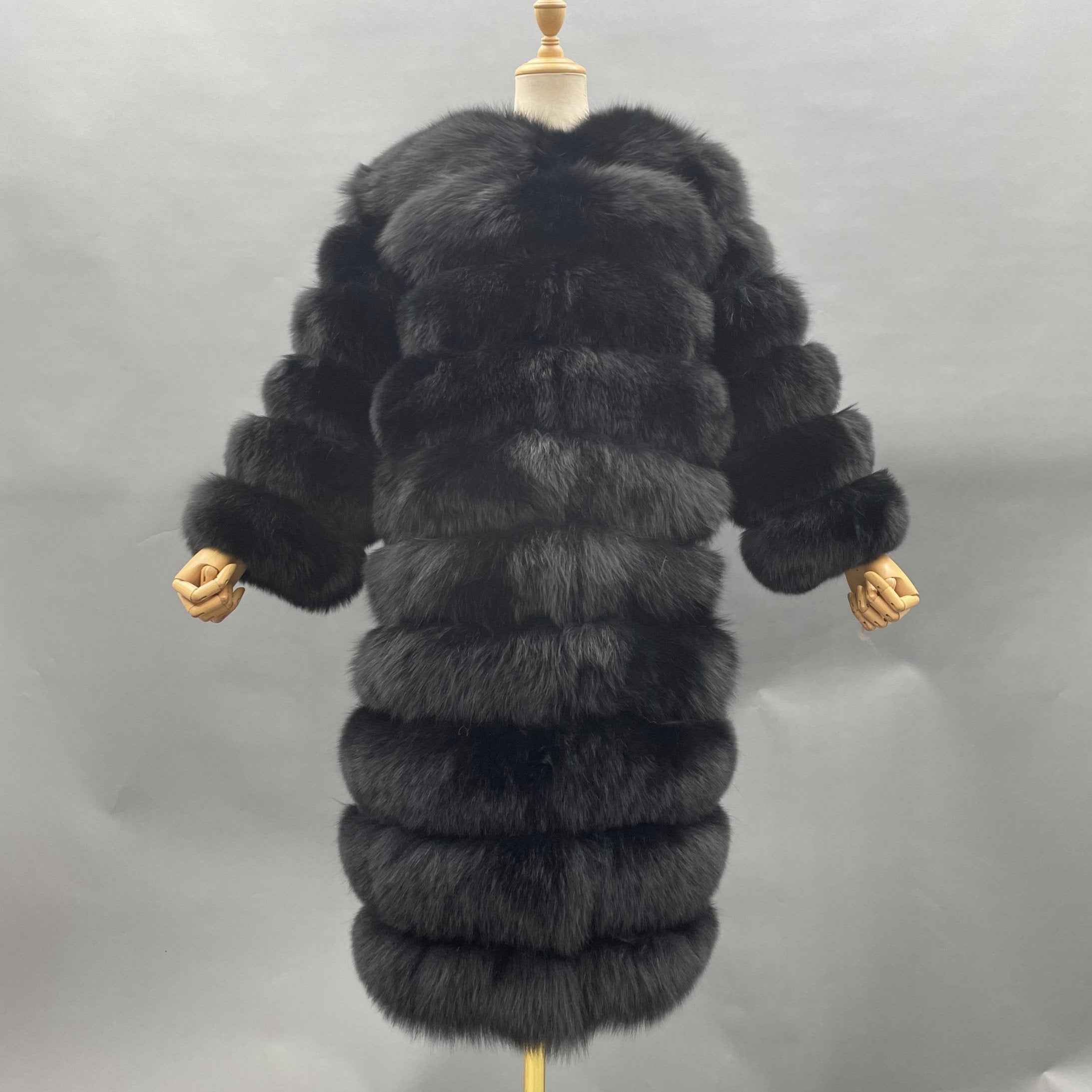 Fox Fur Round Collar Women's Long Coat Hem Removable