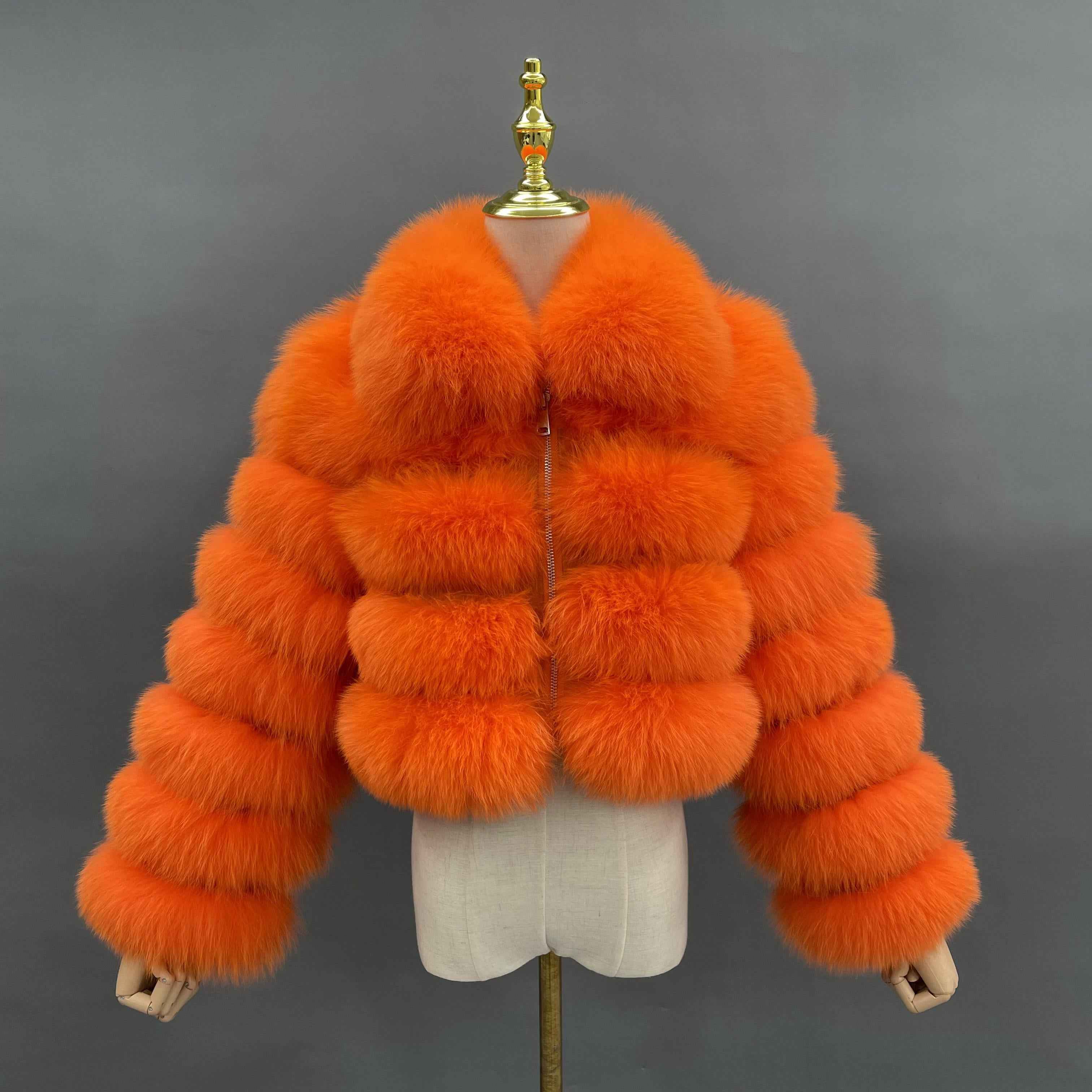 Women's Five Sections Zipper Fox Fur Coat Winter Coat Orange S-chest 92cm