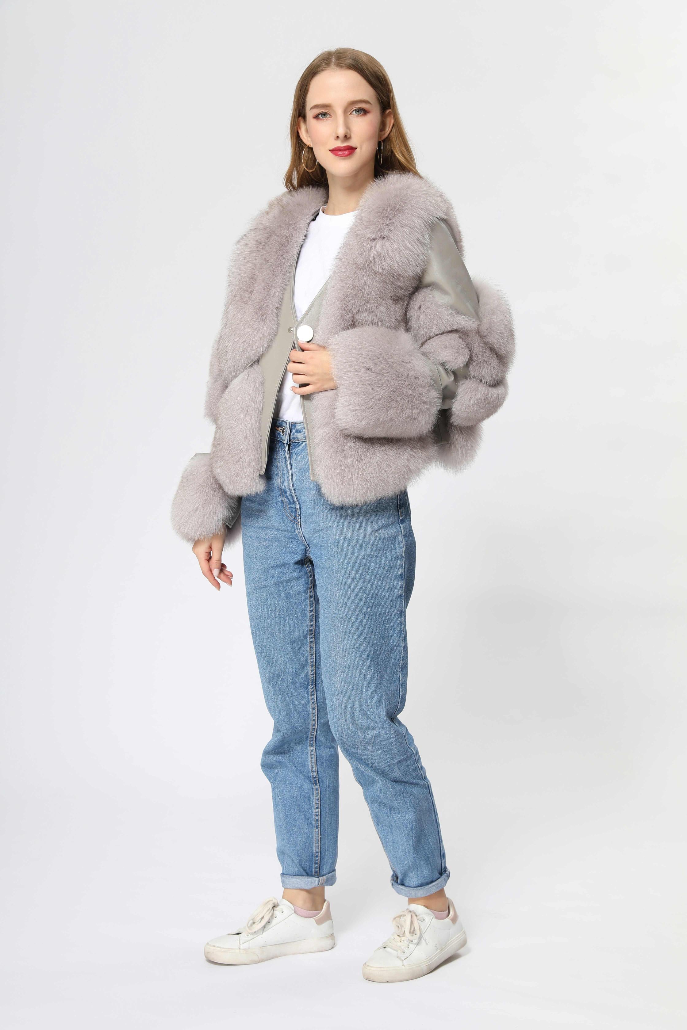 Short Style One Button Women's Real Fox Fur Fashion Jacket