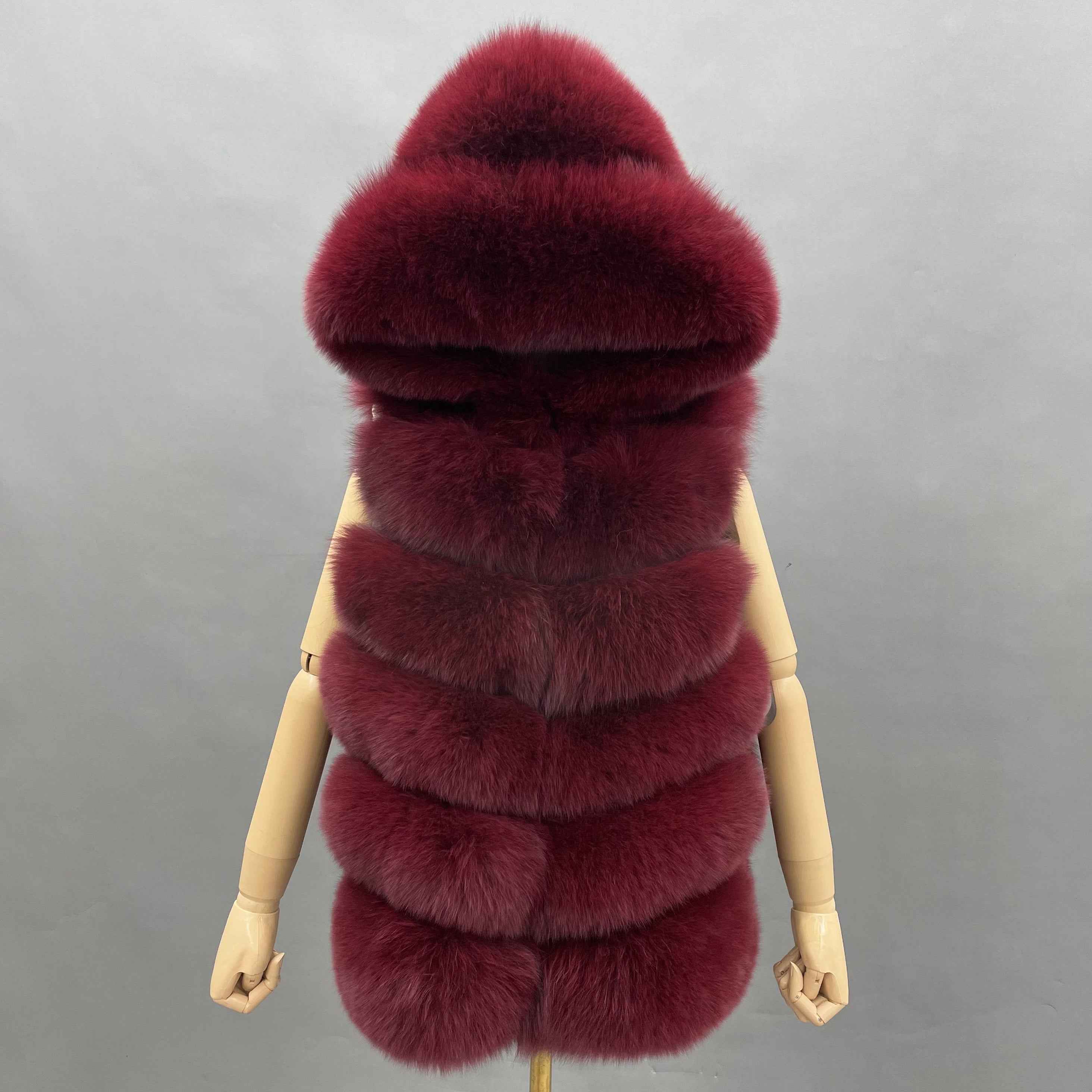 Women's 6-Panel Hooded Fox Fur Vest - Classic Versatile Winter Essential Outerwear Wine
