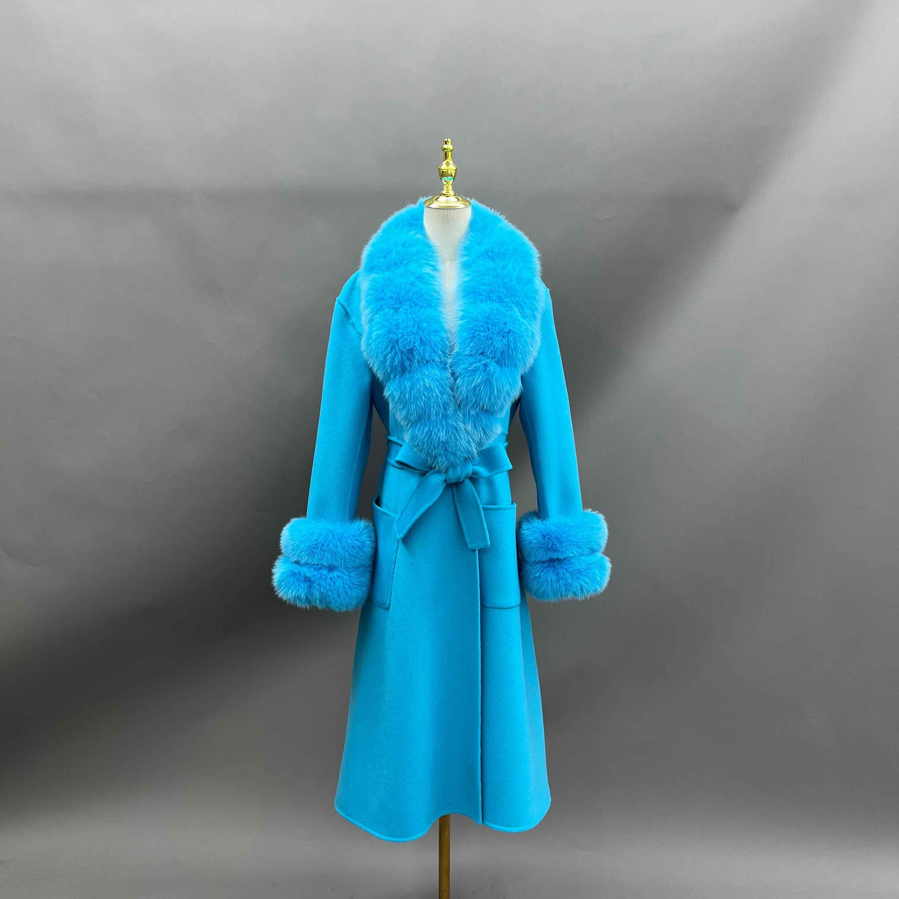 Women's Luxury Double - Faced Wool Coat with Segmented Fox Fur Collar, Two - Section Cuffs, Flared Skirt & Belt Blue