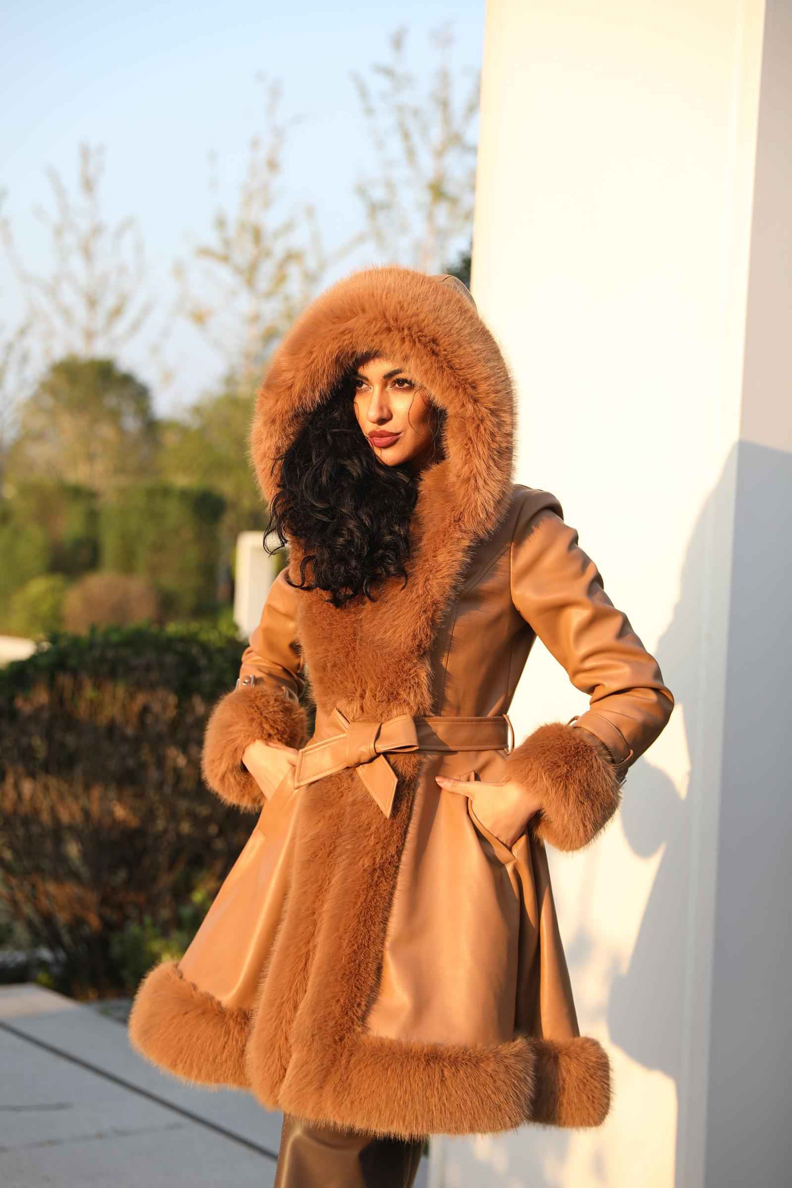 Eco-Friendly Leather and Fur Women's Long Belted Hooded Coat