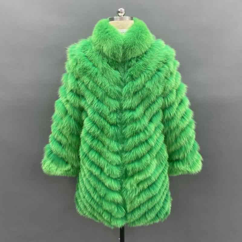 Double-Sided Fox Fur Diagonal Stripe Long Coat Green