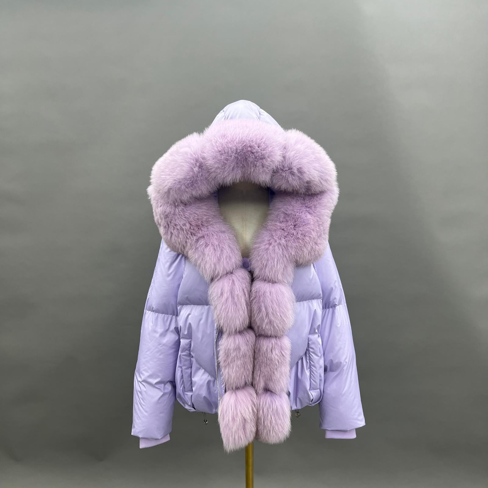 Goose Down-Lined Women's Segmented Fox Fur Placket Hooded Down Jacket