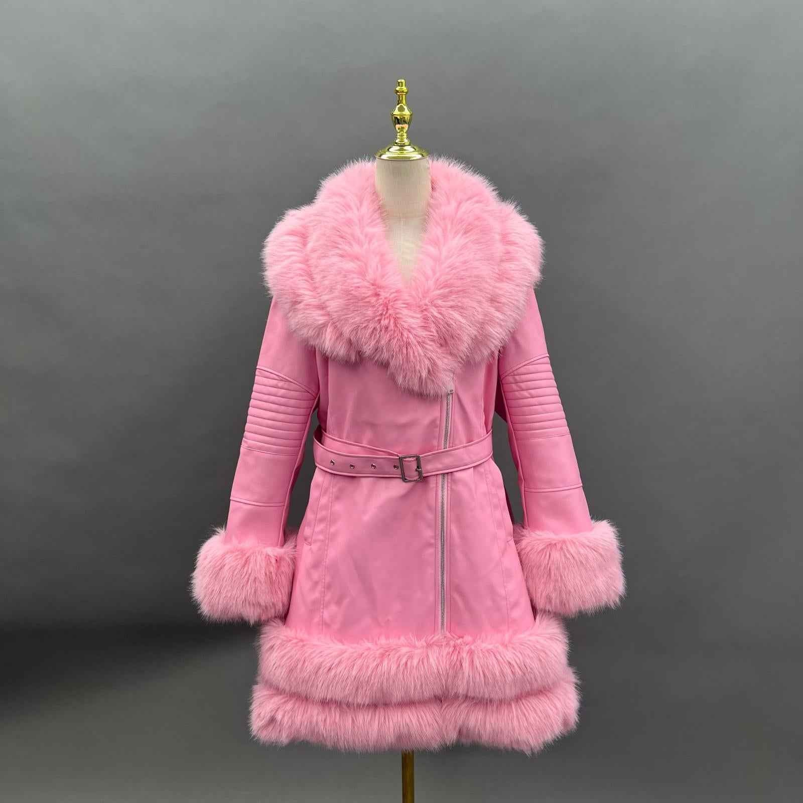 Eco-Friendly Leather Women's Mid-Length Coat with Faux Fur Cuffs and Belt