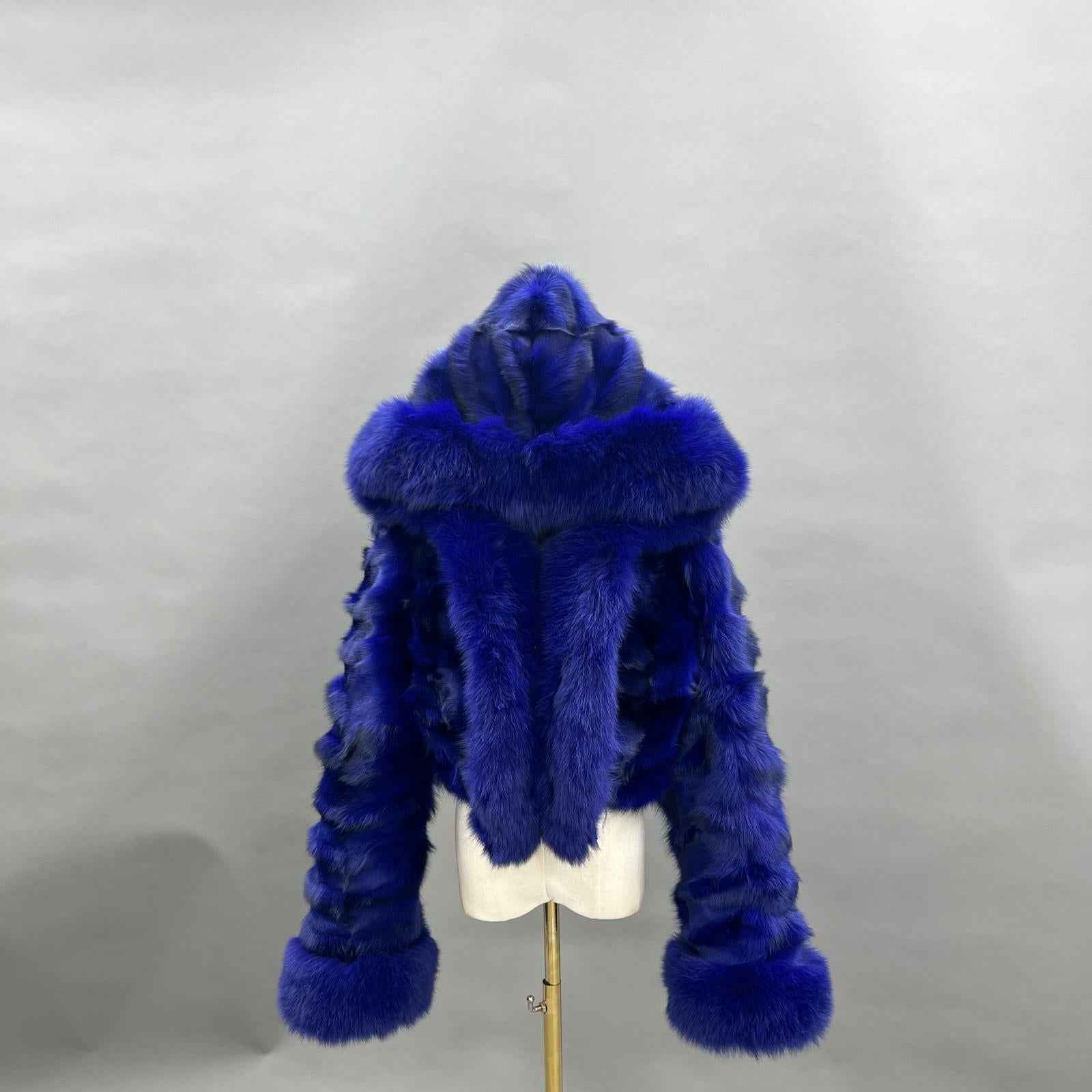 Fox Fur Coat for Women Luxurious Fox Fur Placket Hooded Zippered Jacket Navy Blue