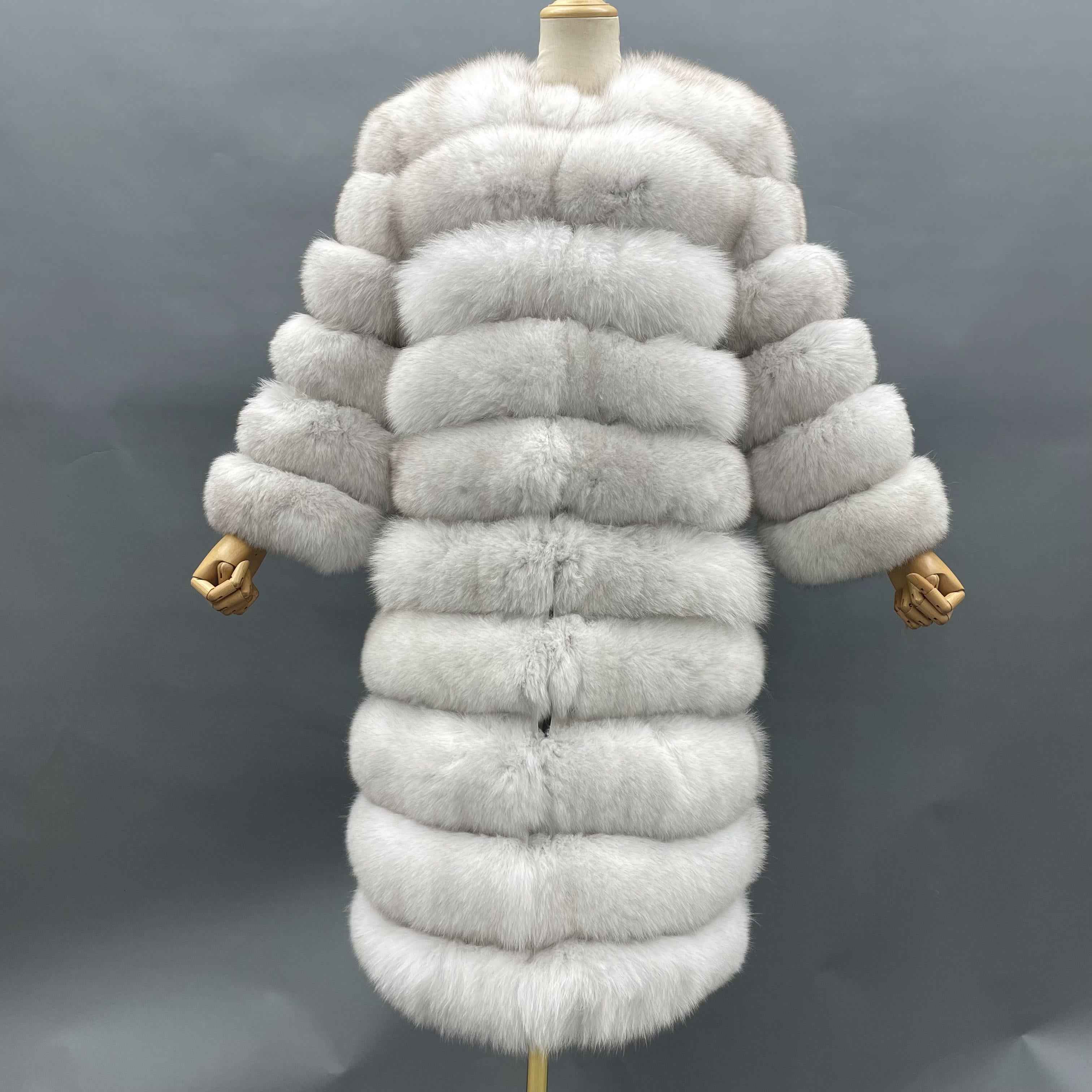 Fox Fur Round Collar Women's Long Coat Hem Removable