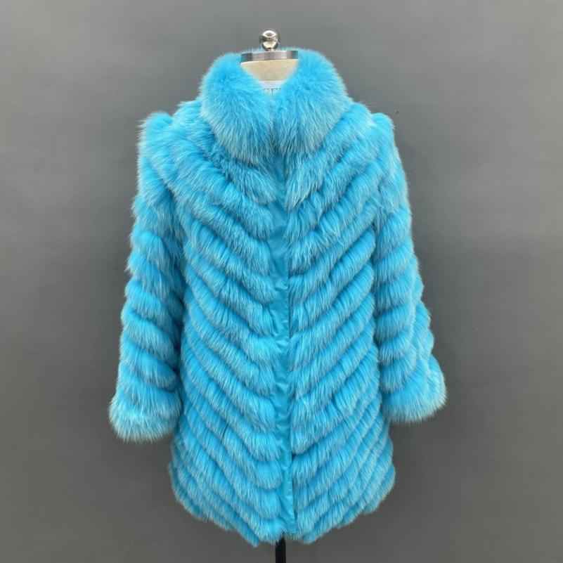 Double-Sided Fox Fur Diagonal Stripe Long Coat Blue