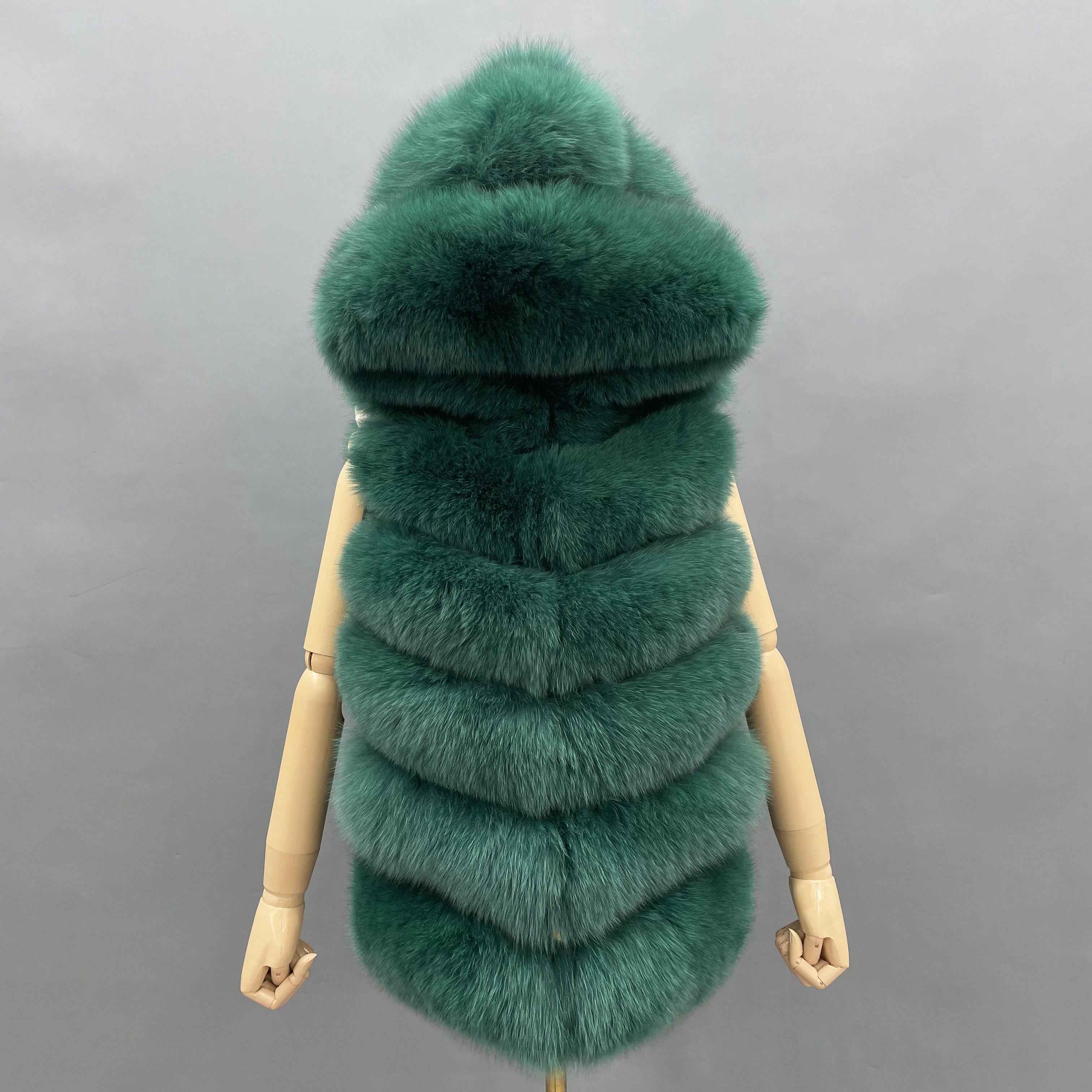 Women's 6-Panel Hooded Fox Fur Vest - Classic Versatile Winter Essential Outerwear Green