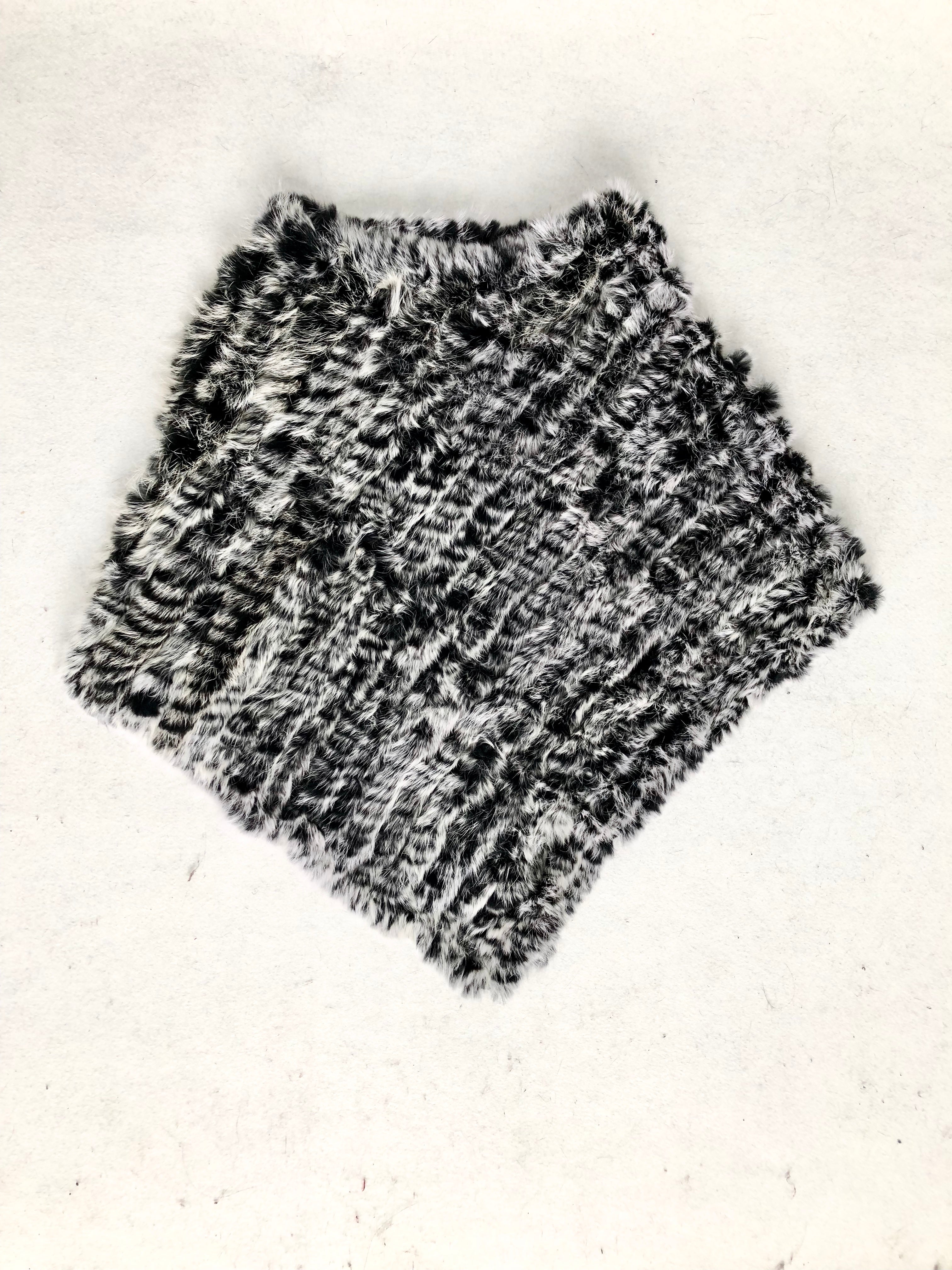 Women's Black & White Rabbit Fur Triangular Shawl - Luxe Winter Accessory
