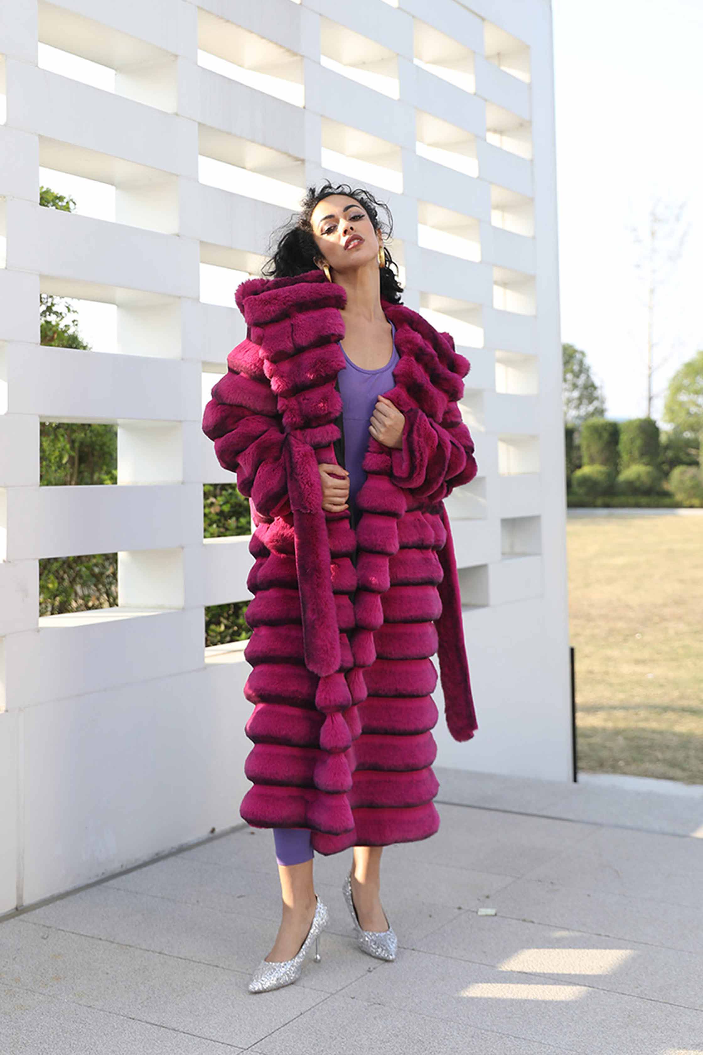 Janefur Fashionable Womens Eco-friendly Fur coat Long Hooded Chinchilla Fake Fur Jacket