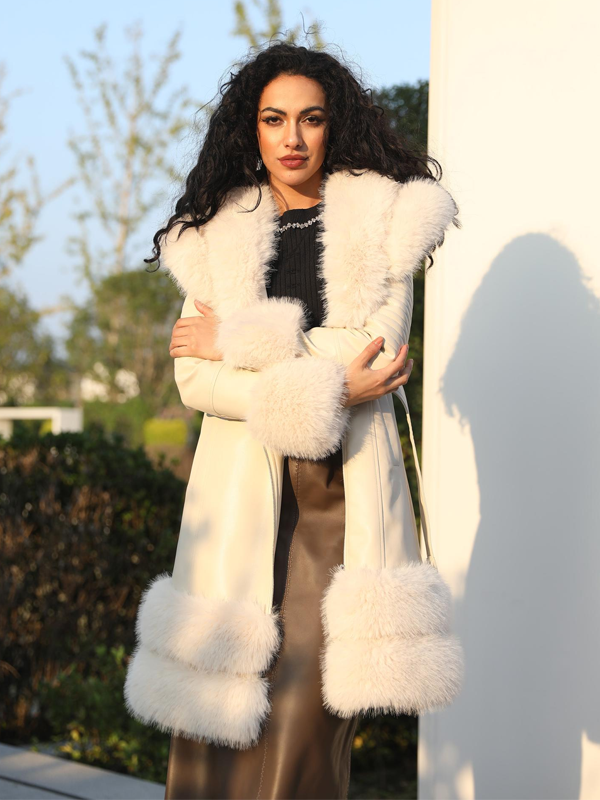 Eco-Friendly Leather Women's Mid-Length Coat with Faux Fur Cuffs and Belt