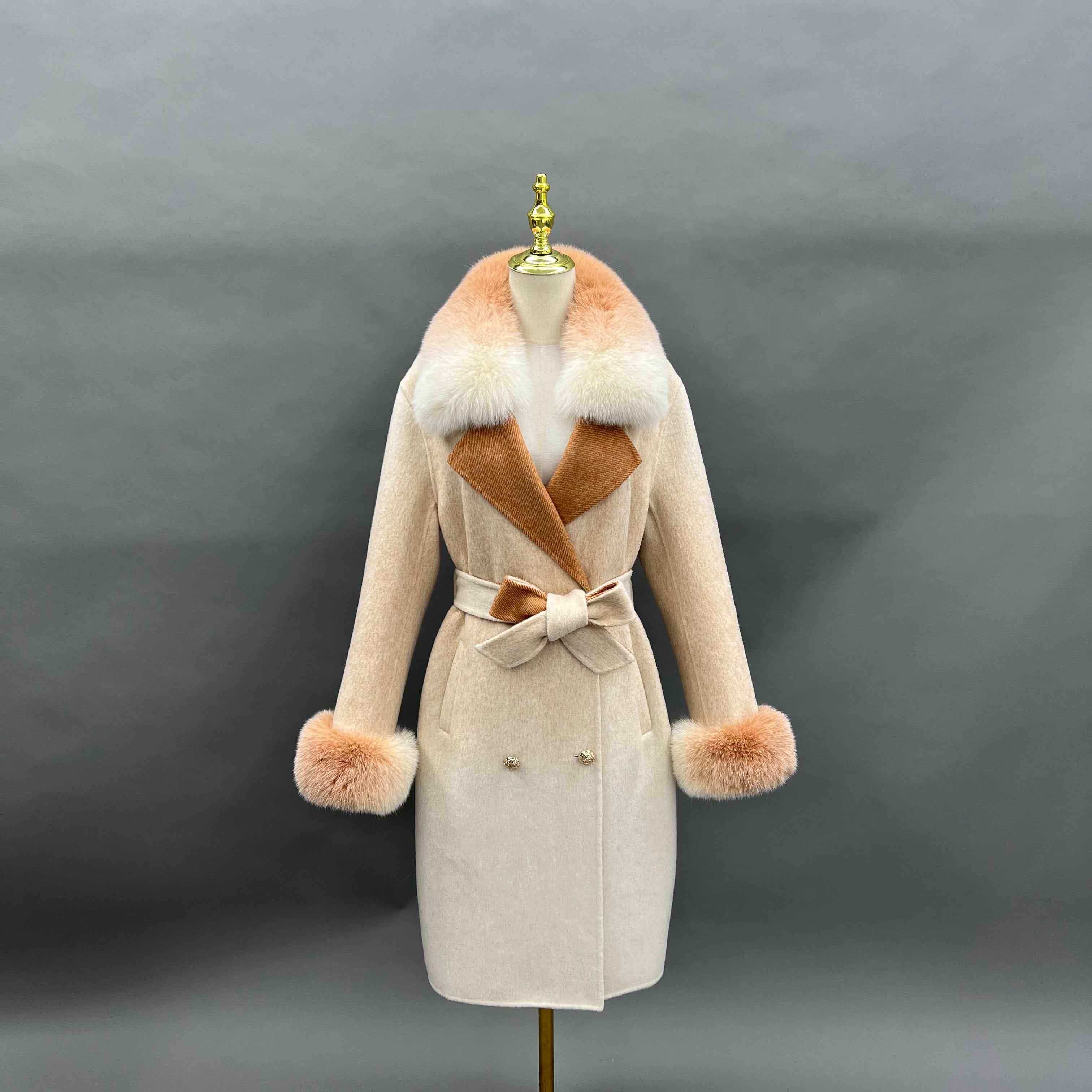 Cashmere Double Faced Coat with Fox Fur Collar & Cuffs, Tie Belt and Delicate Collar Design Camle