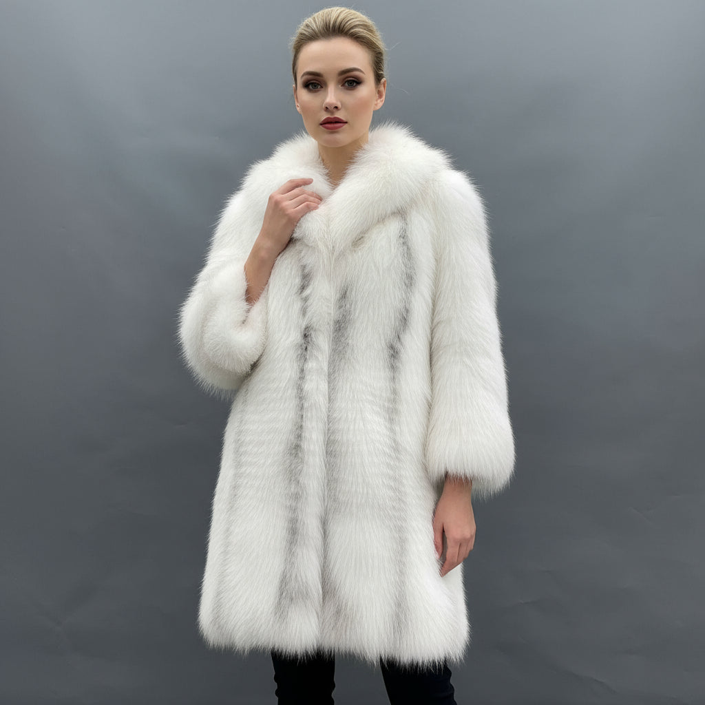 Women's Luxury Blue Frost Fox Fur Coat - Fine Striped Mid-Length Winter Fashion Warm Outerwear White