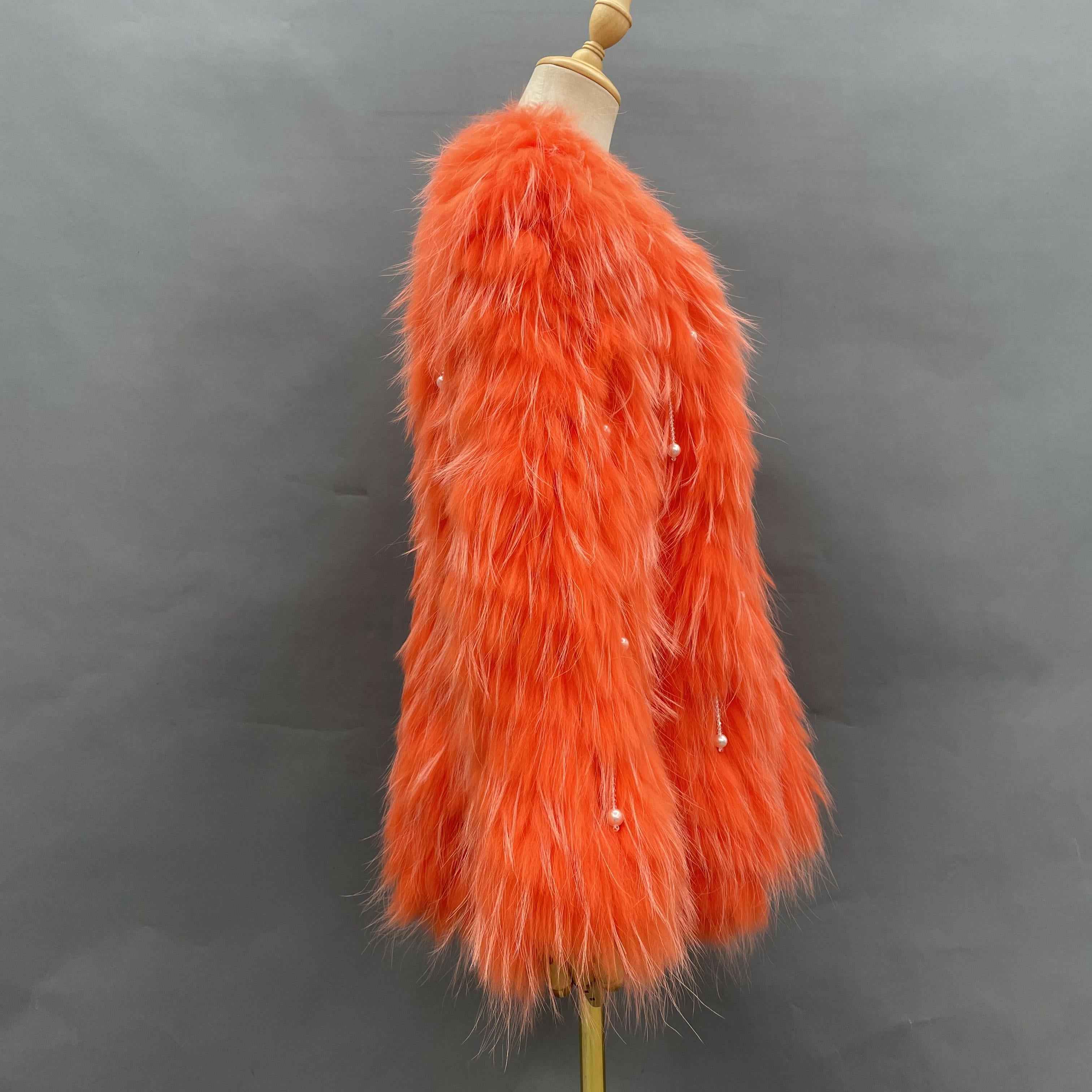 Women's Raccoon Fur Long Jacket - Pearl Tassel Party Statement Outerwear