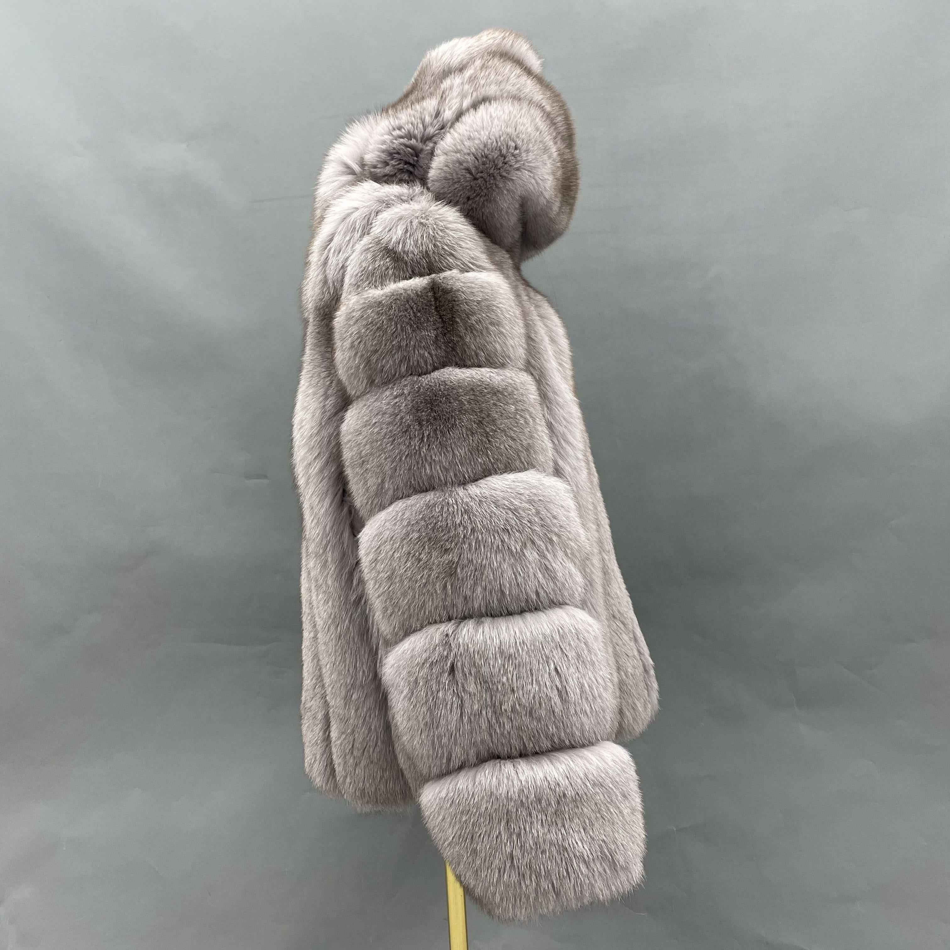 Women's Vintage Gray Fox Fur Hooded Jacket - Layered Stripe Cropped Design Winter Warm Fashion Outerwear