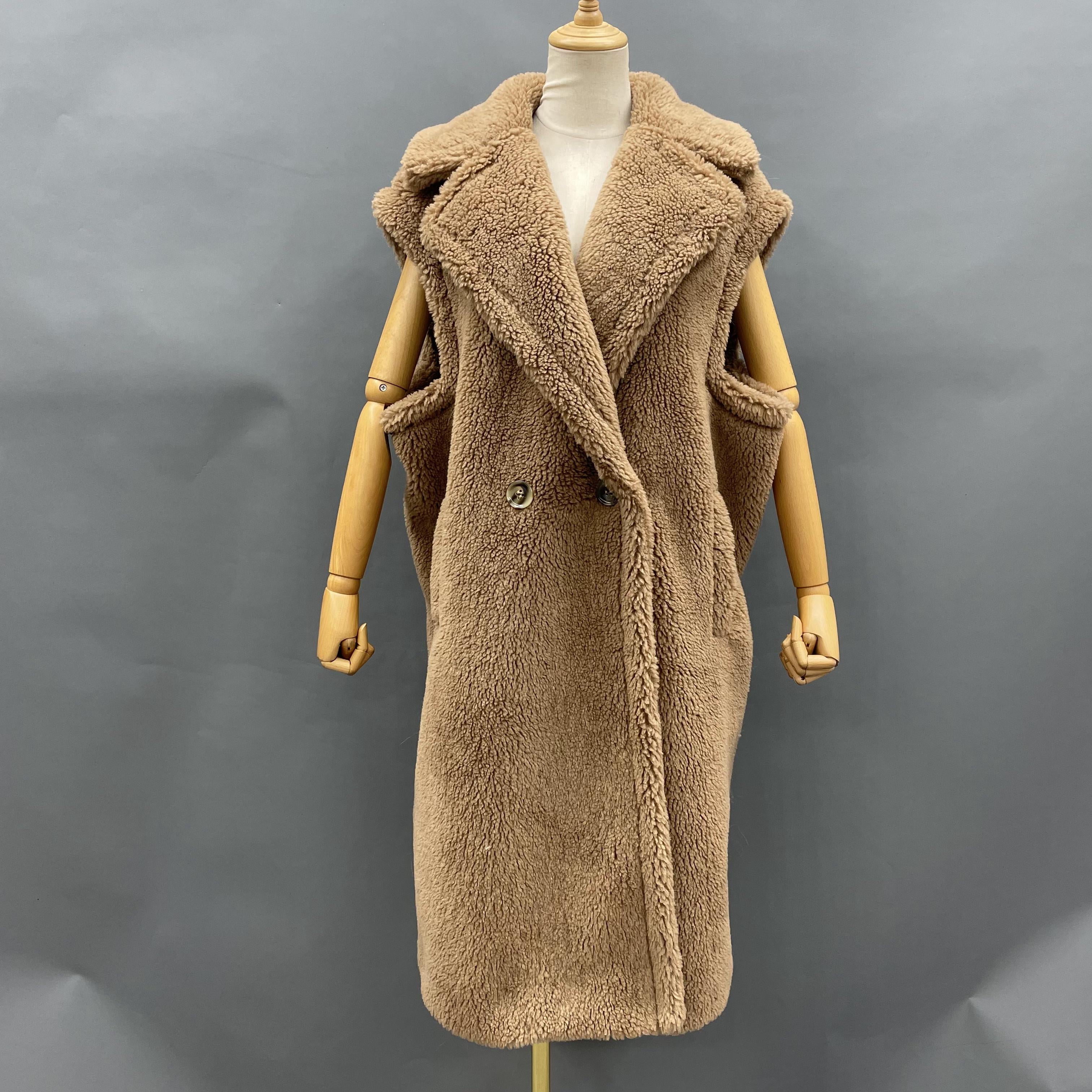 Women's Tan Long Teddy Fleece Vest with Double-Breasted Notched Lapel - Stylish Winter Outerwear