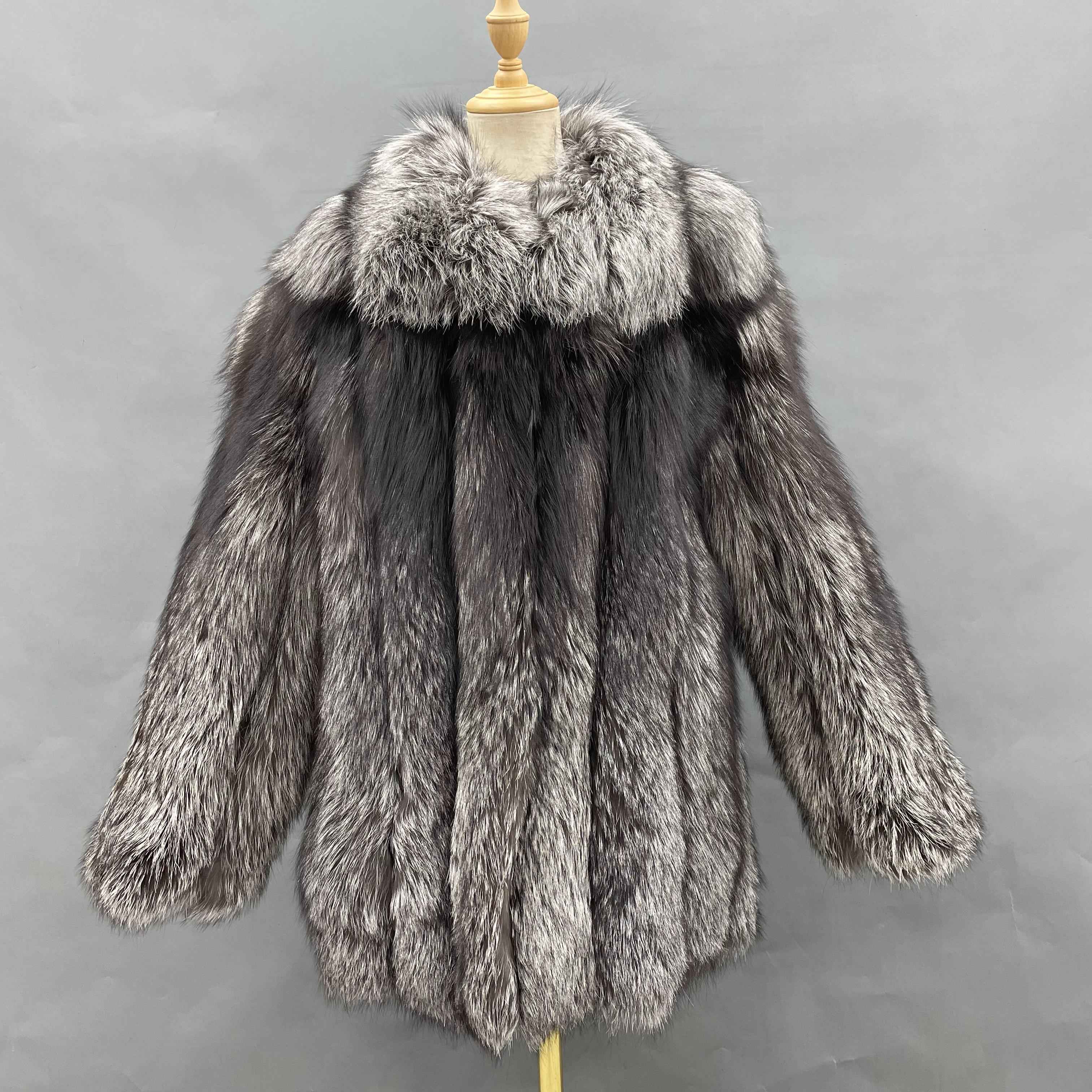 Women's Luxury Silver Fox Fur Coat - Notched Lapel Mid-Length Winter Fashion Warm Outerwear Sliver
