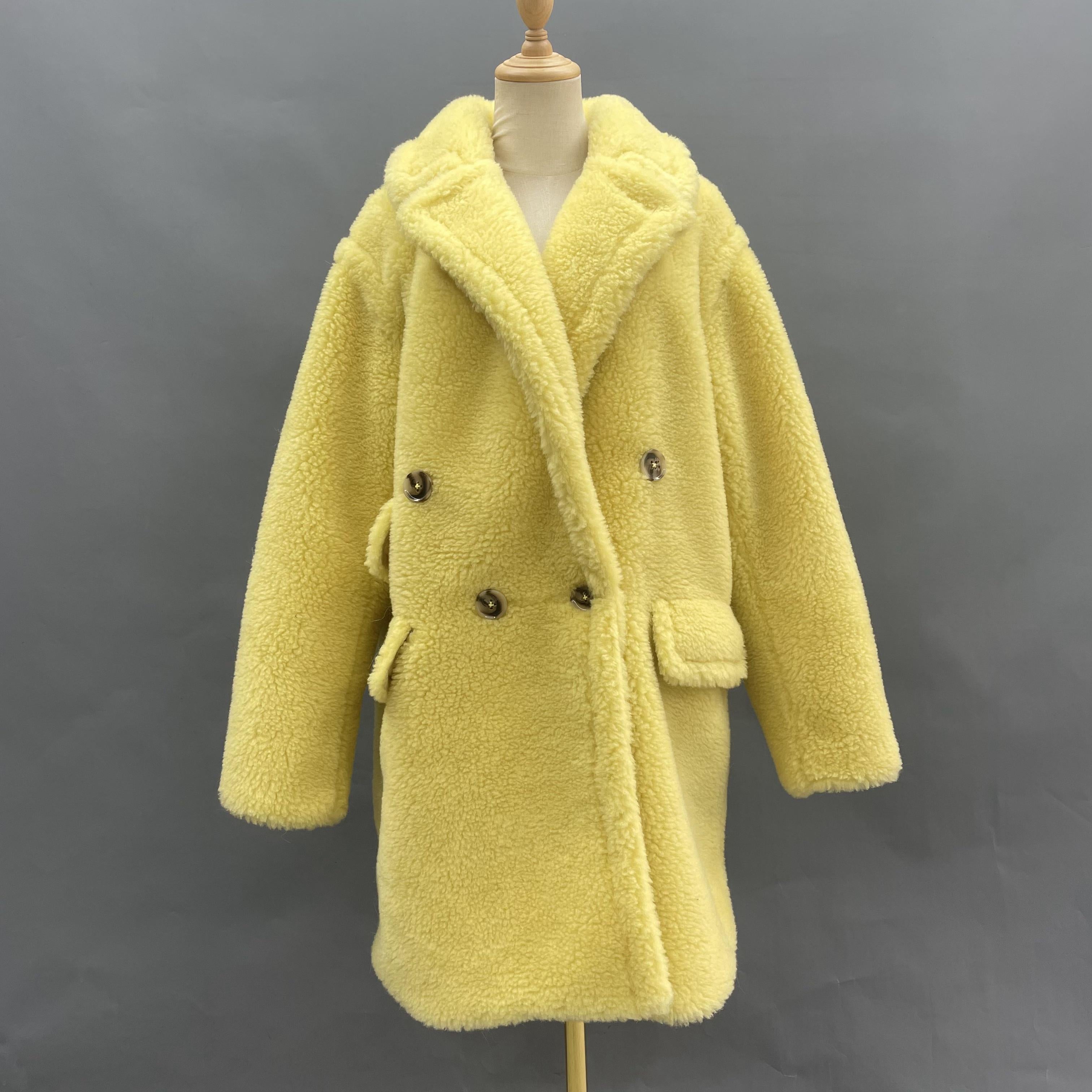 Women's Lime Green Sheepskin Shearling Coat with Asymmetric Pocket Flaps, Double-Breasted Notched Lapel - Luxe Winter Outerwear