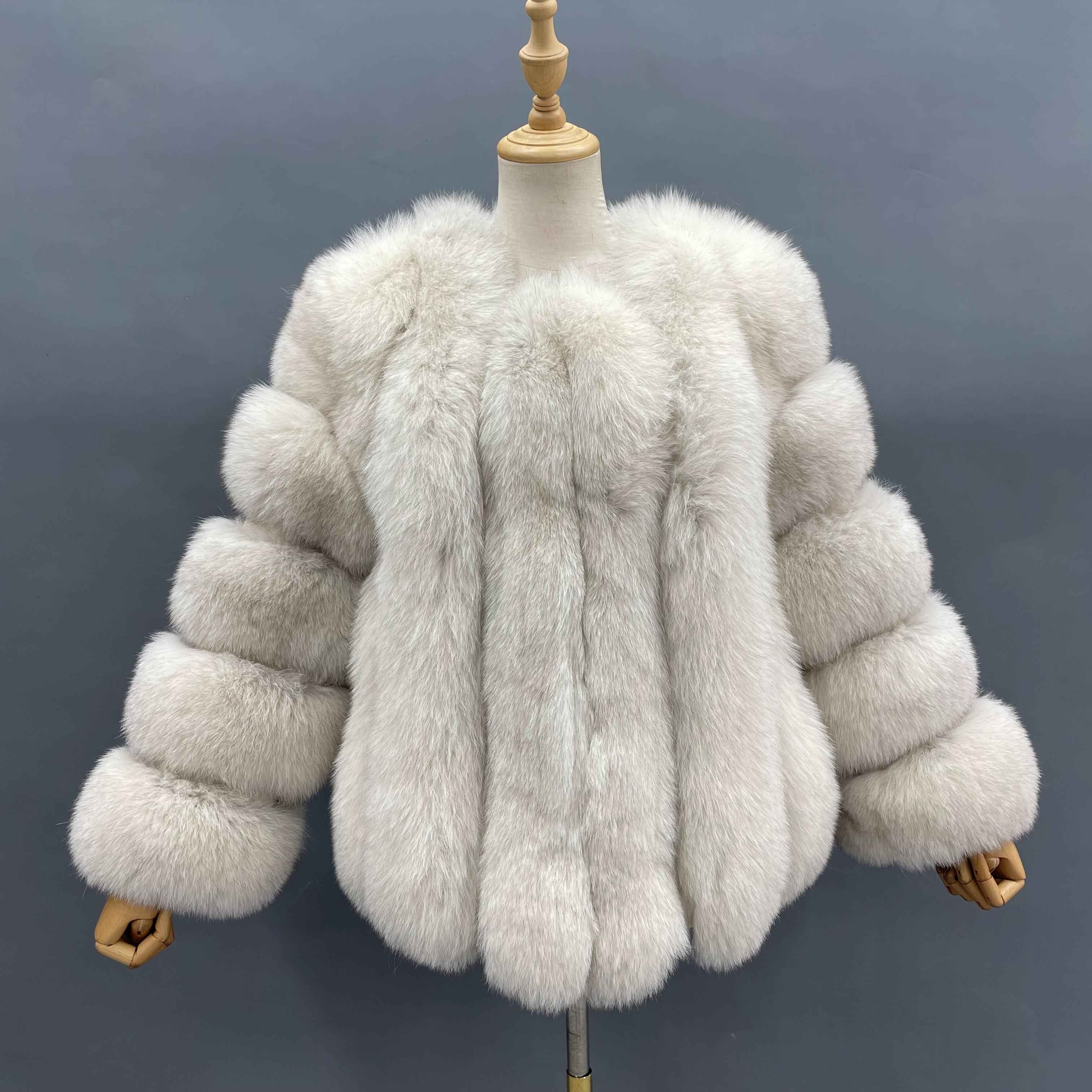 Women's Premium Fluffy Fox Fur Short Coat with Layered Sleeves - Winter Chic Warm Jacket White