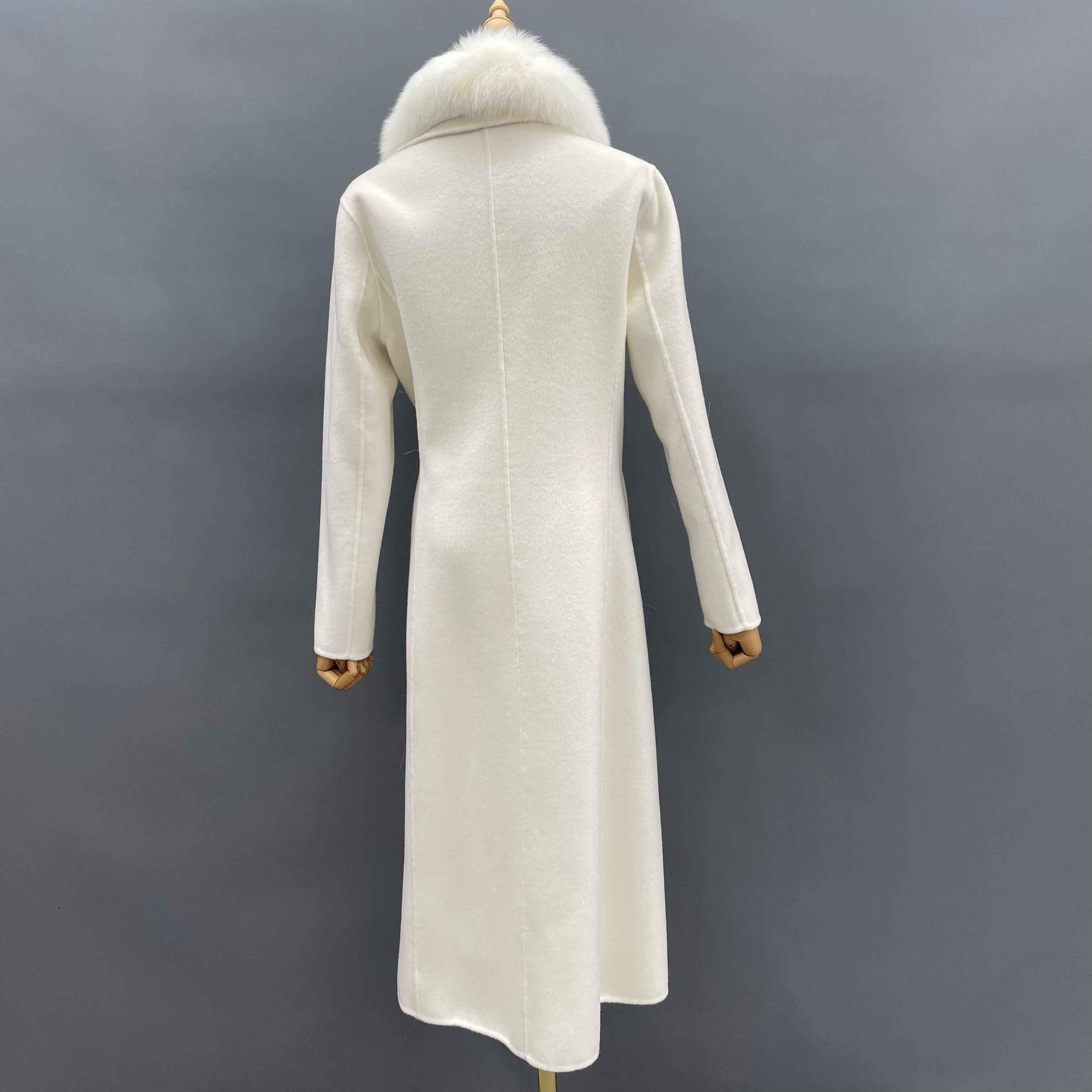 Women's Double-Faced Wool Coat with Shawl Collar, Side Tie & Waist-Defining Design - Fox Fur Trimmed Elegant Winter Outerwear