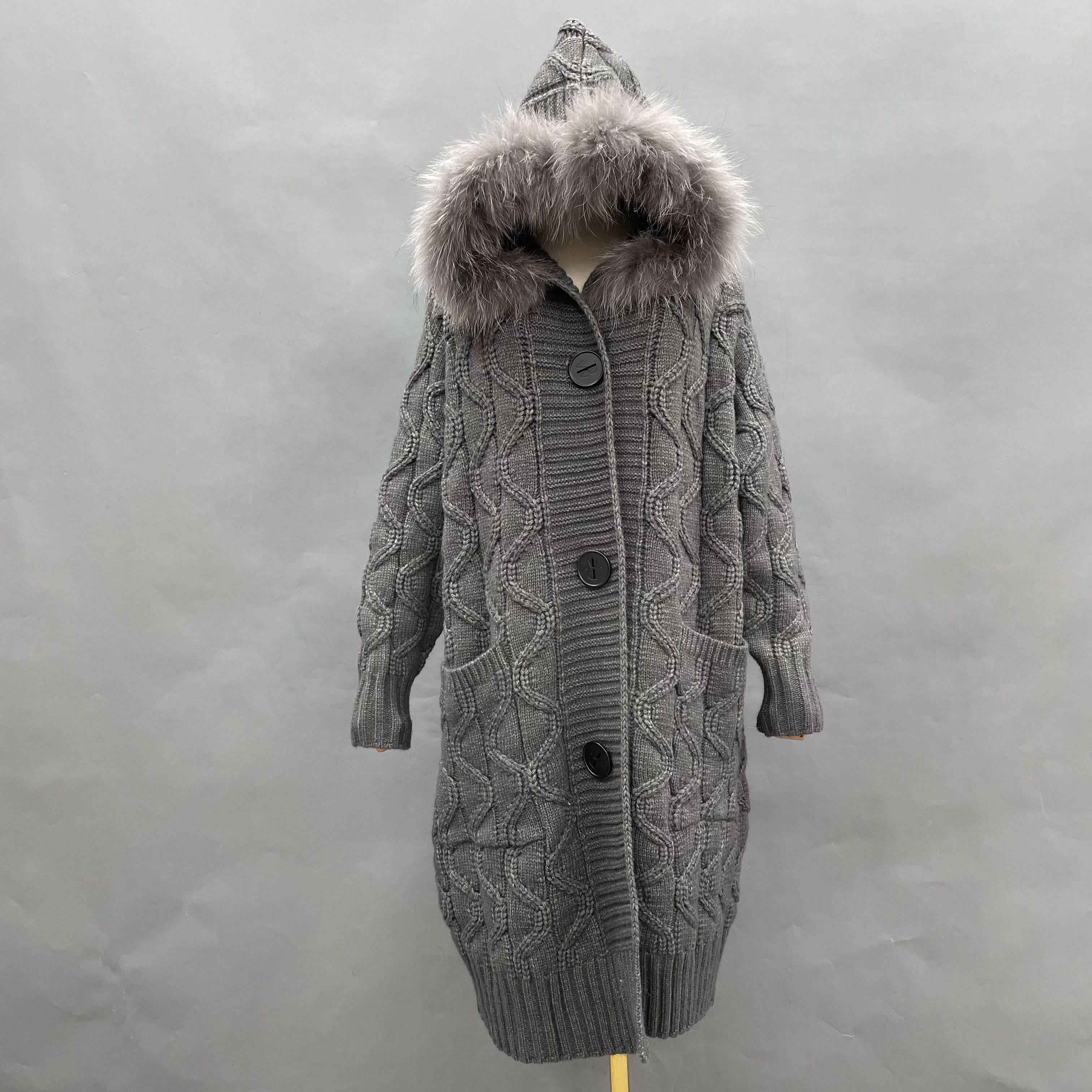 Women's Hooded Knitted Coat with Oversized Buttons, Raccoon Fur-Trimmed Hood & Wave-Knit Pattern - Luxe Winter Outerwear Grey F-CHEST 128
