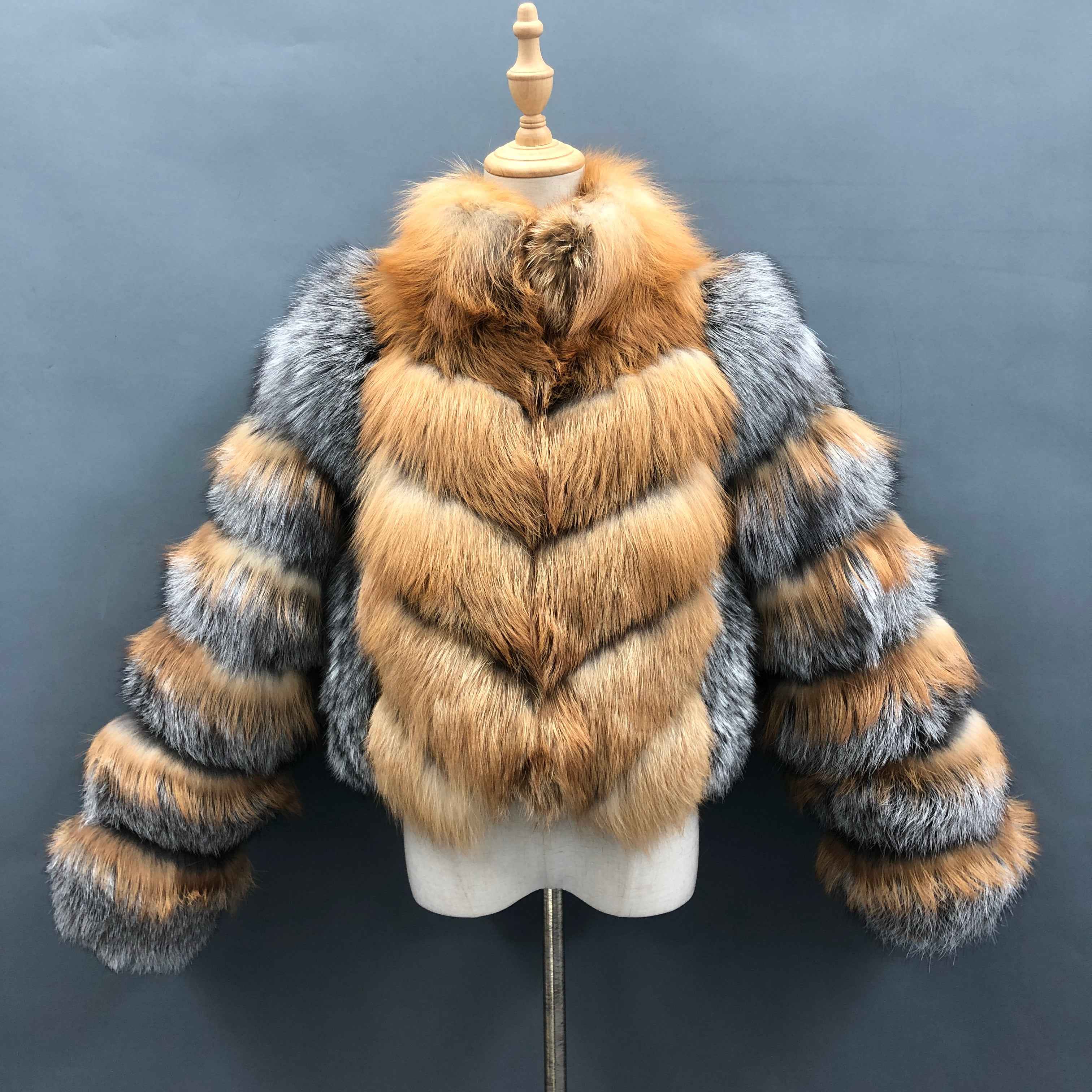 Women's Luxury Red & Silver Fox Fur Cropped Jacket - Chevron Stripe Design Winter Warm Fashion Outerwear Animal