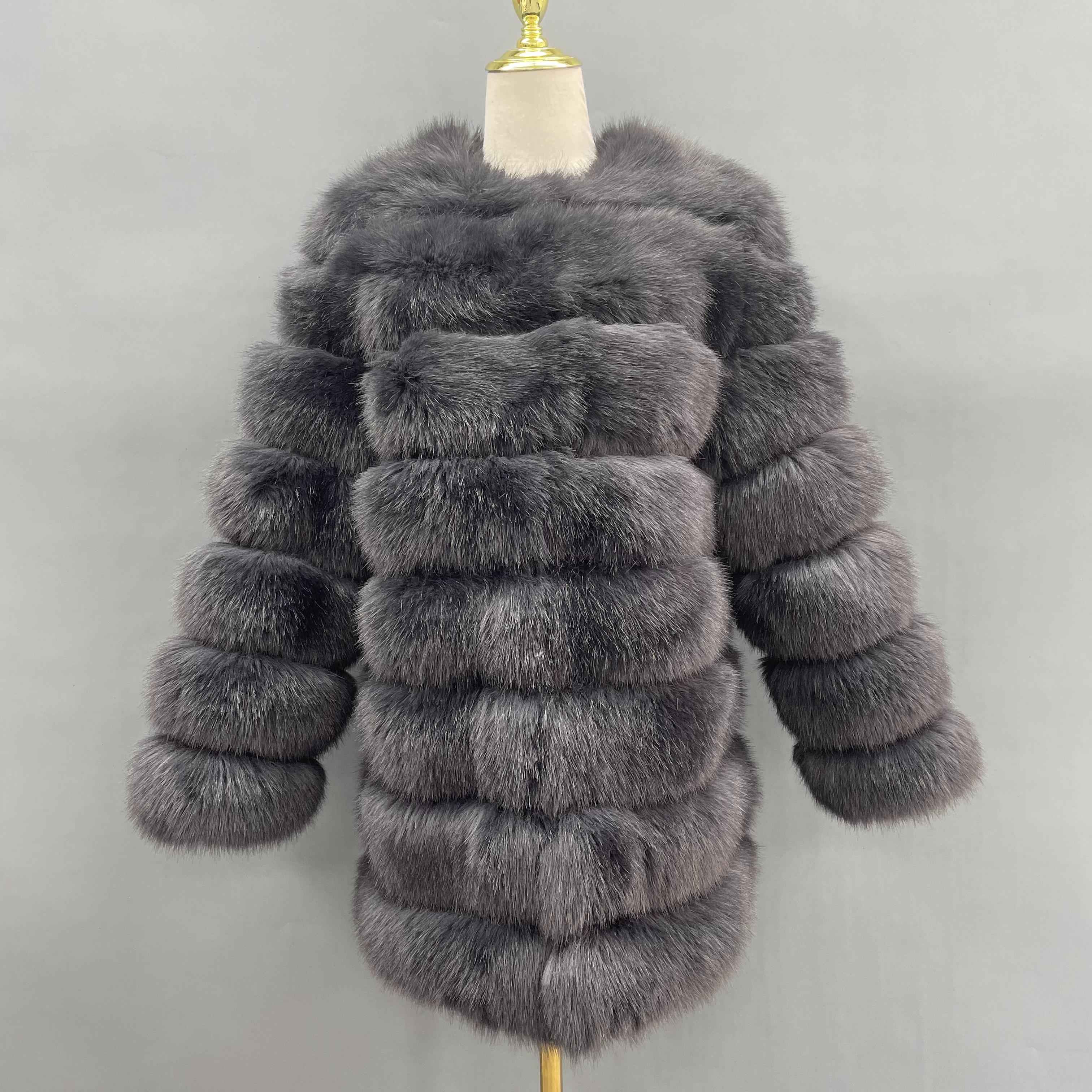 Women's 8-Panel Crew Neck Long Sleeve Faux Fur Coat - Luxury Trendy Winter Essential Outerwear Light Black