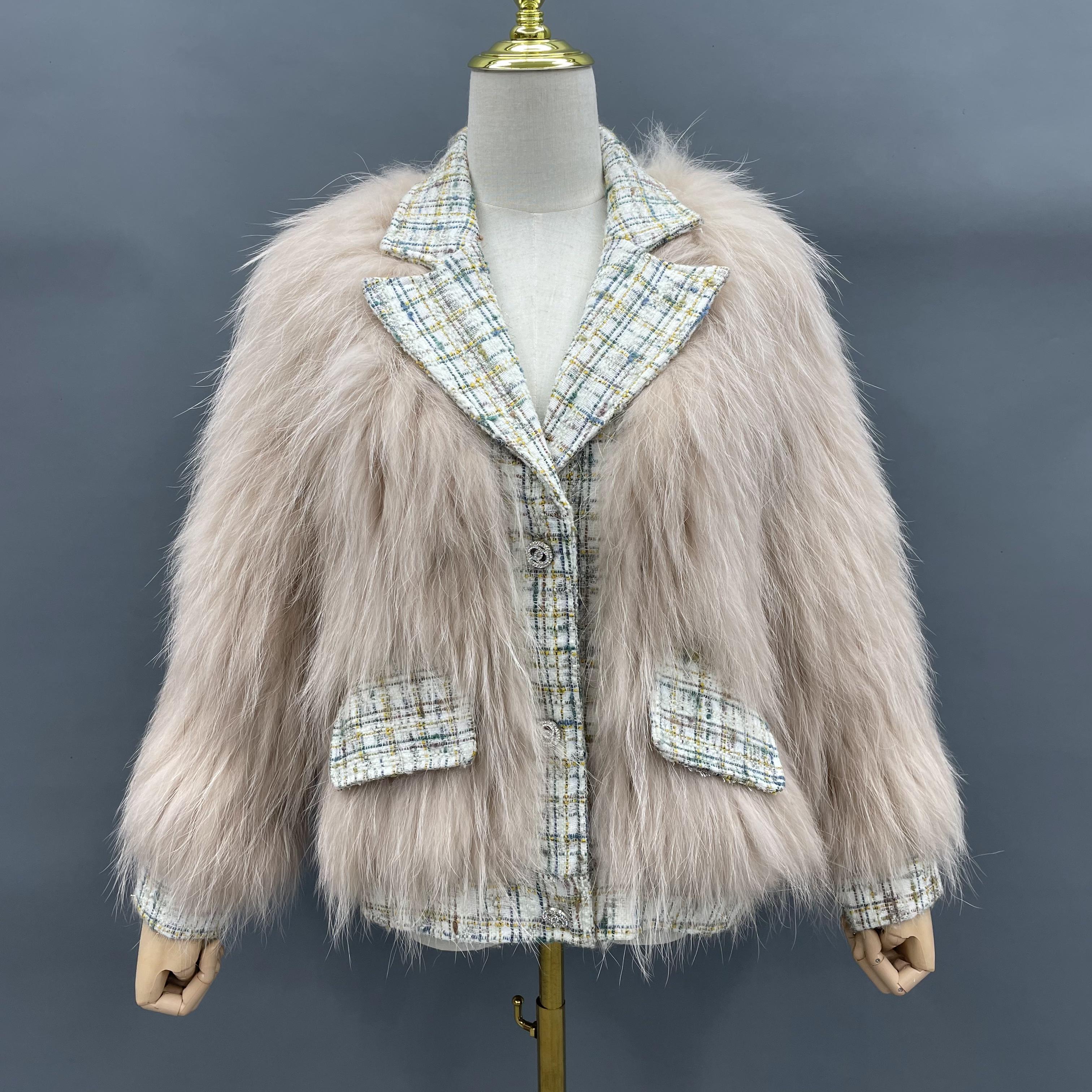 Women's Luxurious Raccoon Dog Fur Jacket with Chanel-Style Tweed & Notched Lapel - Knitted Winter Outerwear
