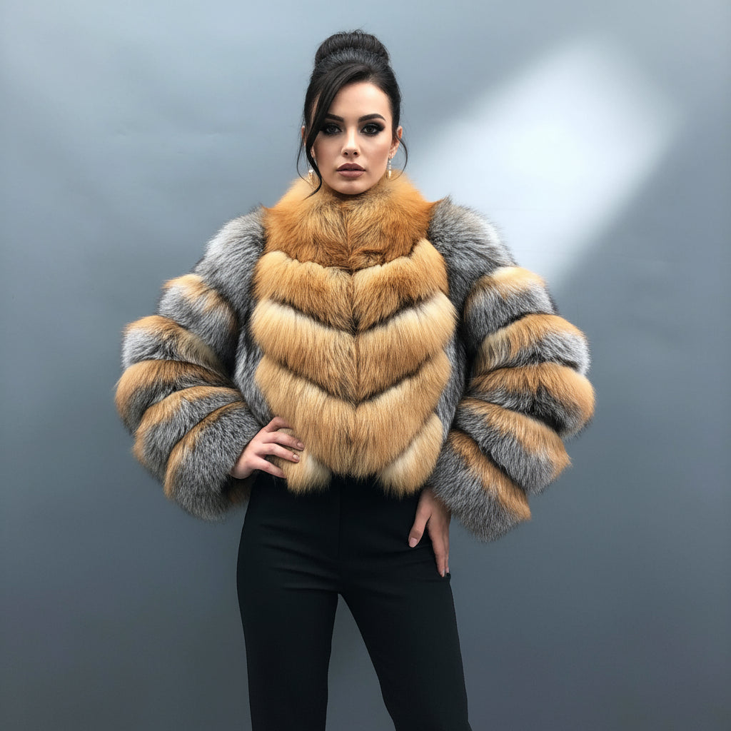 Women's Luxury Red & Silver Fox Fur Cropped Jacket - Chevron Stripe Design Winter Warm Fashion Outerwear